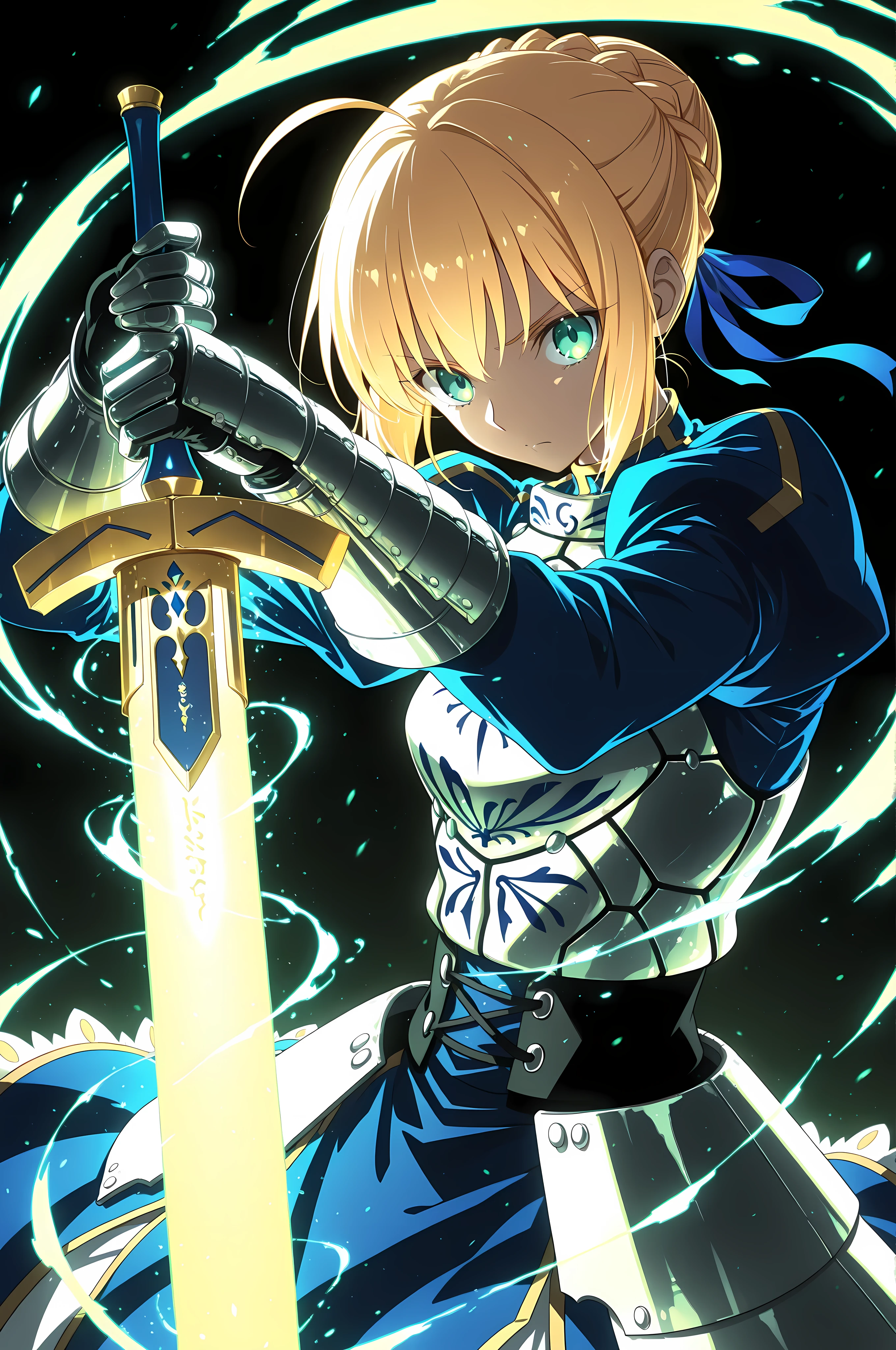 masterpiece, best quality, weapon, holding sword, 1girl, saber, fate_(series), 1girl, blonde_hair, green_eyes, tied hair, SHN journey, neon art, neon colors, glowing, glow effect, bright outlines, vibrant colors, high contrast, dark background, digital art,