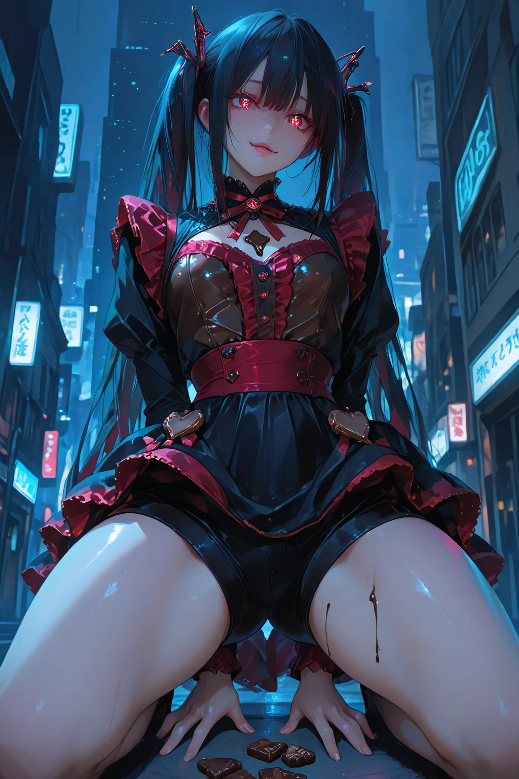 １Characters only。Anime key visual。cyber punk。Chest close-up。 Menhera short updo big breasted prostitute high school girl in evening dress。 Sexy pose、Tilt your face、slouch、blush、Watery eye、smile。