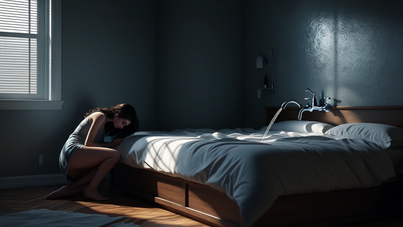 there is a woman laying on a bed with a pillow, astral projection, quality astral projection rendering, paralisia do sono, holograma saindo do corpo, holograma pairando em torno dela, lucid dreaming, Viagem Astral, monstro da paralisia do sono, out of body experience, The awakening began to dream lucidly, sleep paralysis demon, Morte sonhando com a morte, fantasma flutuante, my sleep paralysis demon, ' lost in a lucid dream