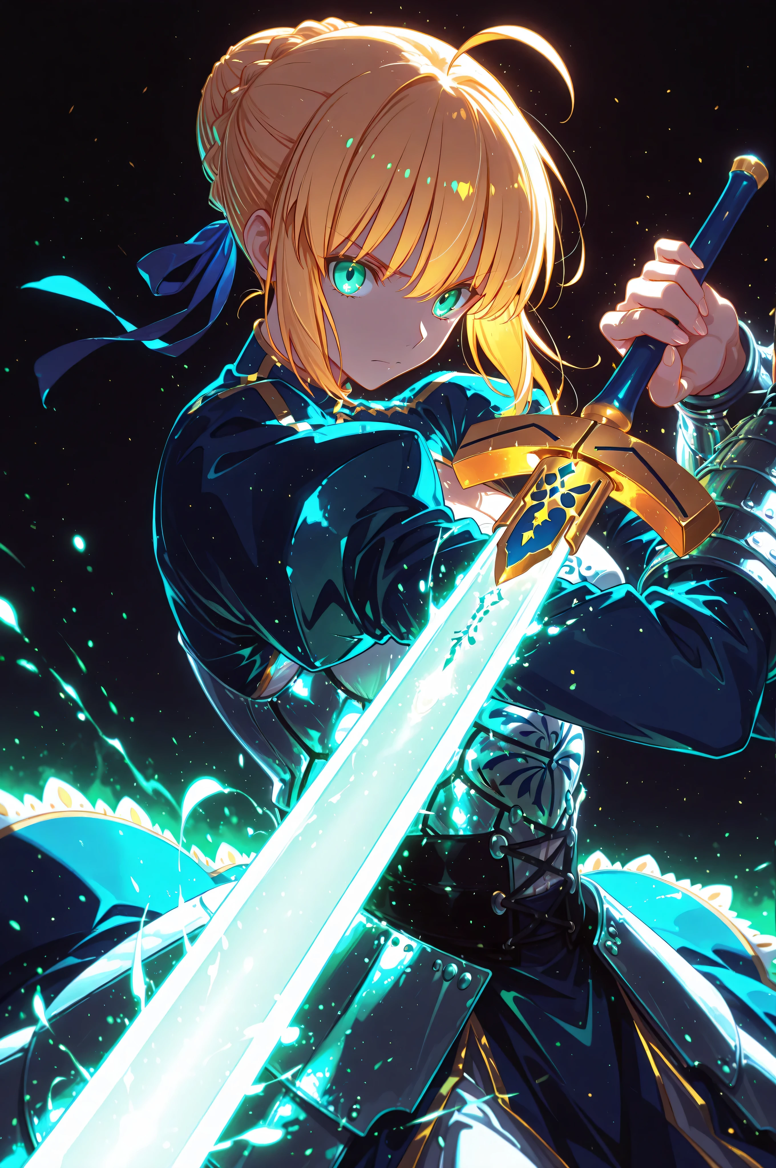 masterpiece, best quality, weapon, holding sword, 1girl, saber, fate_(series), 1girl, blonde_hair, green_eyes, tied hair, SHN journey, neon art, neon colors, glowing, glow effect, bright outlines, vibrant colors, high contrast, dark background, digital art,