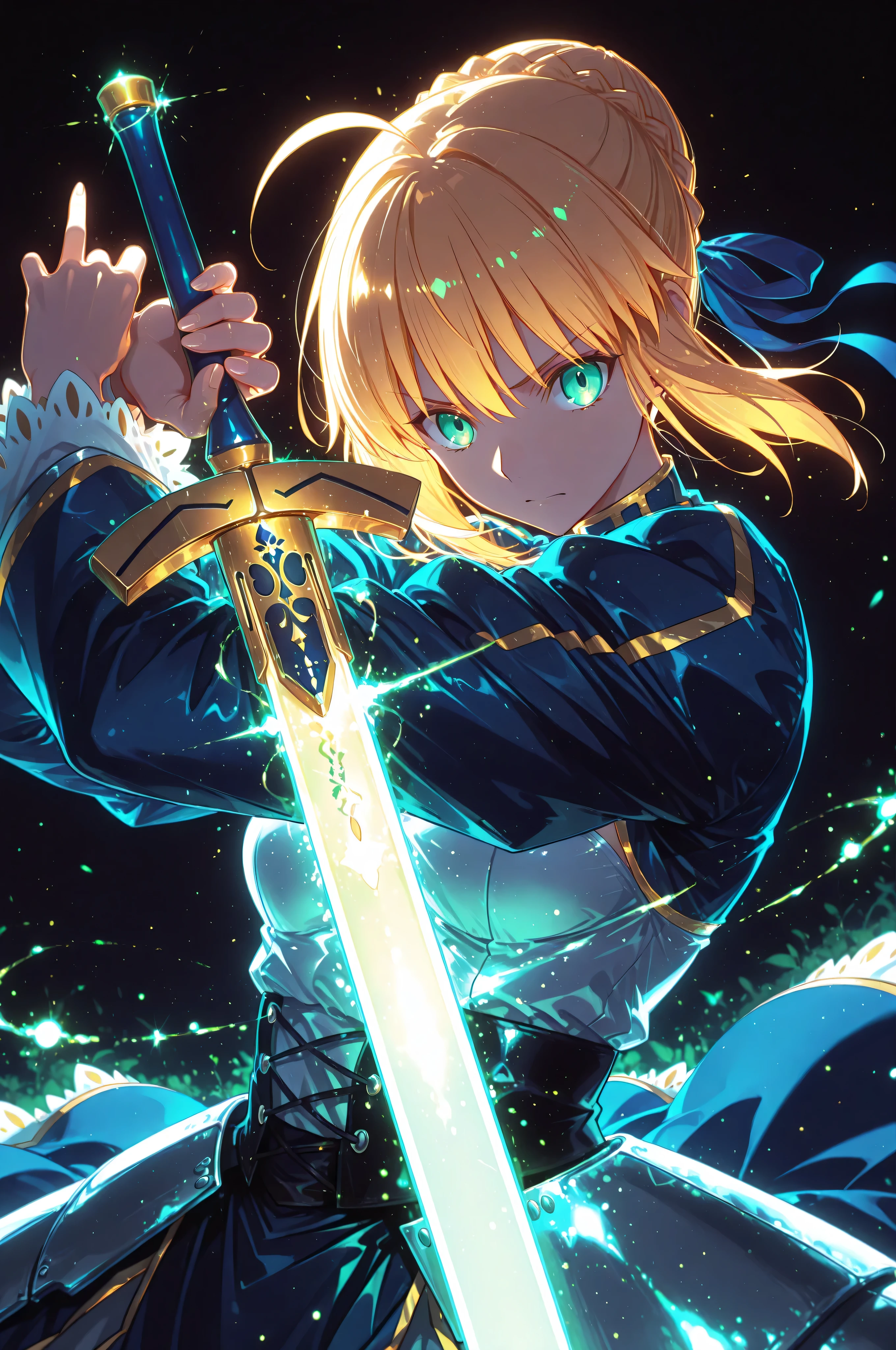 masterpiece, best quality, weapon, holding sword, 1girl, saber, fate_(series), 1girl, blonde_hair, green_eyes, tied hair, SHN journey, neon art, neon colors, glowing, glow effect, bright outlines, vibrant colors, high contrast, dark background, digital art,