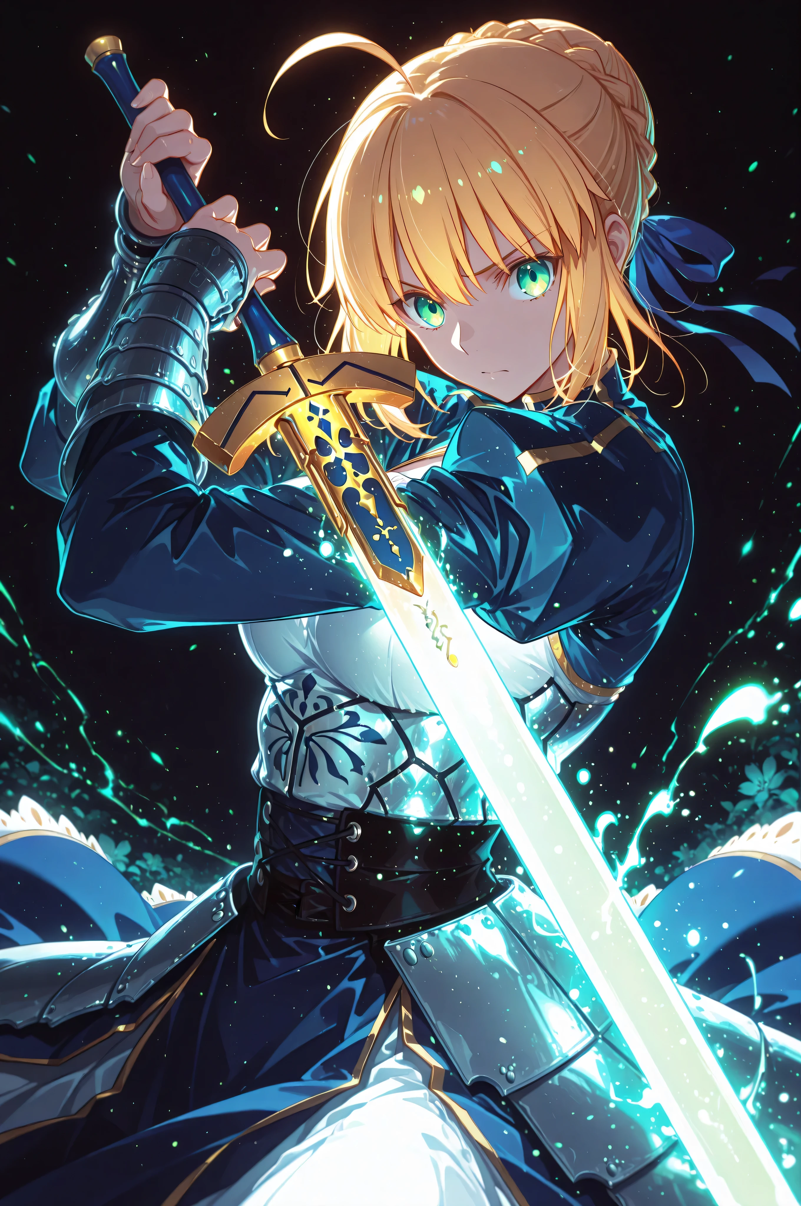 masterpiece, best quality, weapon, holding sword, 1girl, saber, fate_(series), 1girl, blonde_hair, green_eyes, tied hair, SHN journey, neon art, neon colors, glowing, glow effect, bright outlines, vibrant colors, high contrast, dark background, digital art,