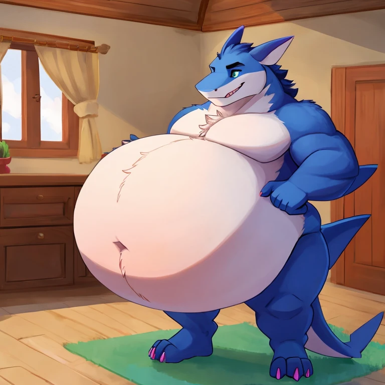 A female anthro dragon, grey scales, white belly and chest, sapphire eyes, perfect body, breasts, naked breasts, thighs, vore belly, bulges in belly, attractive, kind expression, motherly, high detail