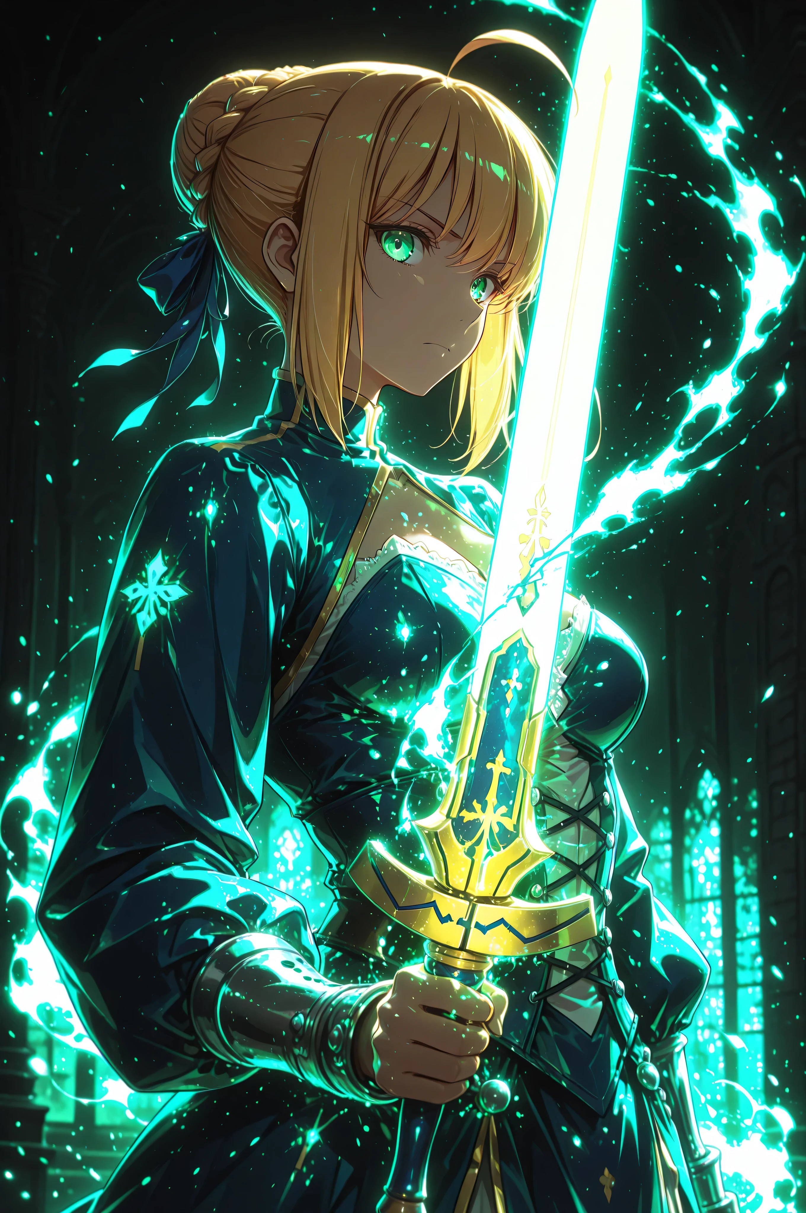 masterpiece, best quality, weapon, holding sword, 1girl, saber, fate_(series), 1girl, blonde_hair, green_eyes, tied hair, SHN journey, neon art, neon colors, glowing, glow effect, bright outlines, vibrant colors, high contrast, dark background, digital art,