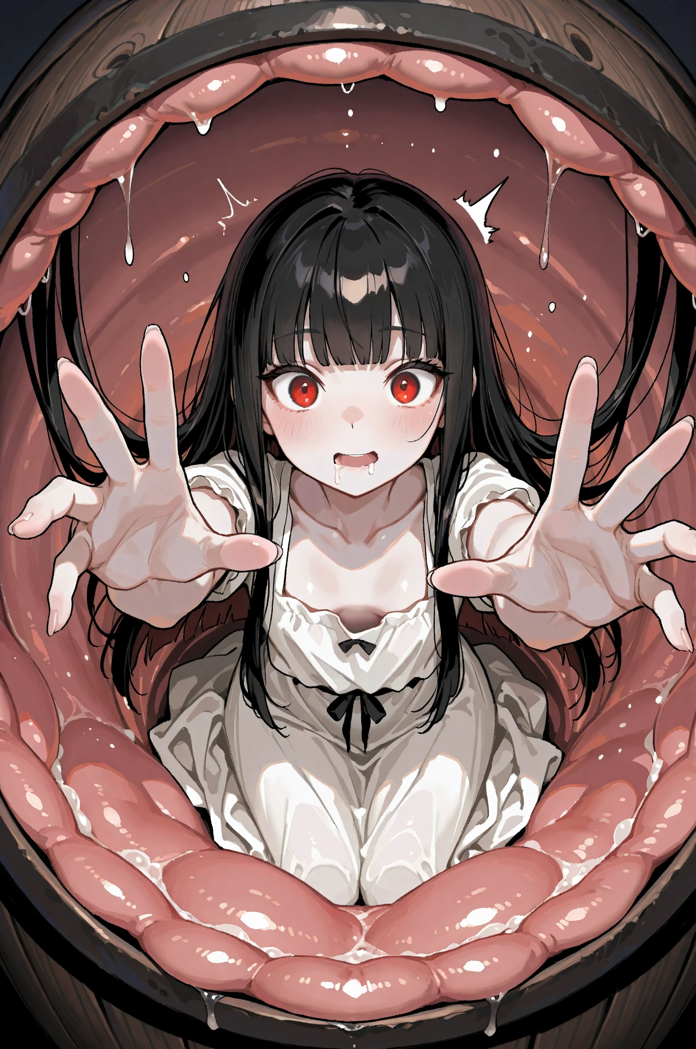 super fine water painting
masterpiece, best quality, 32k, extremely detailed face.
cute
super fine illustration, face,
4K
highres
<lora:krasue_152:1>
krasue a flying woman head with human organ lung heart .
red empty eye, sweat.
black hair, blush, open mouth,
brown long messy hair.
wing ear.
(((Red tentacles)))
fang,
((lung))
Stomach, large intestine, small intestine
organs.
Glowing red against a moonlit night.