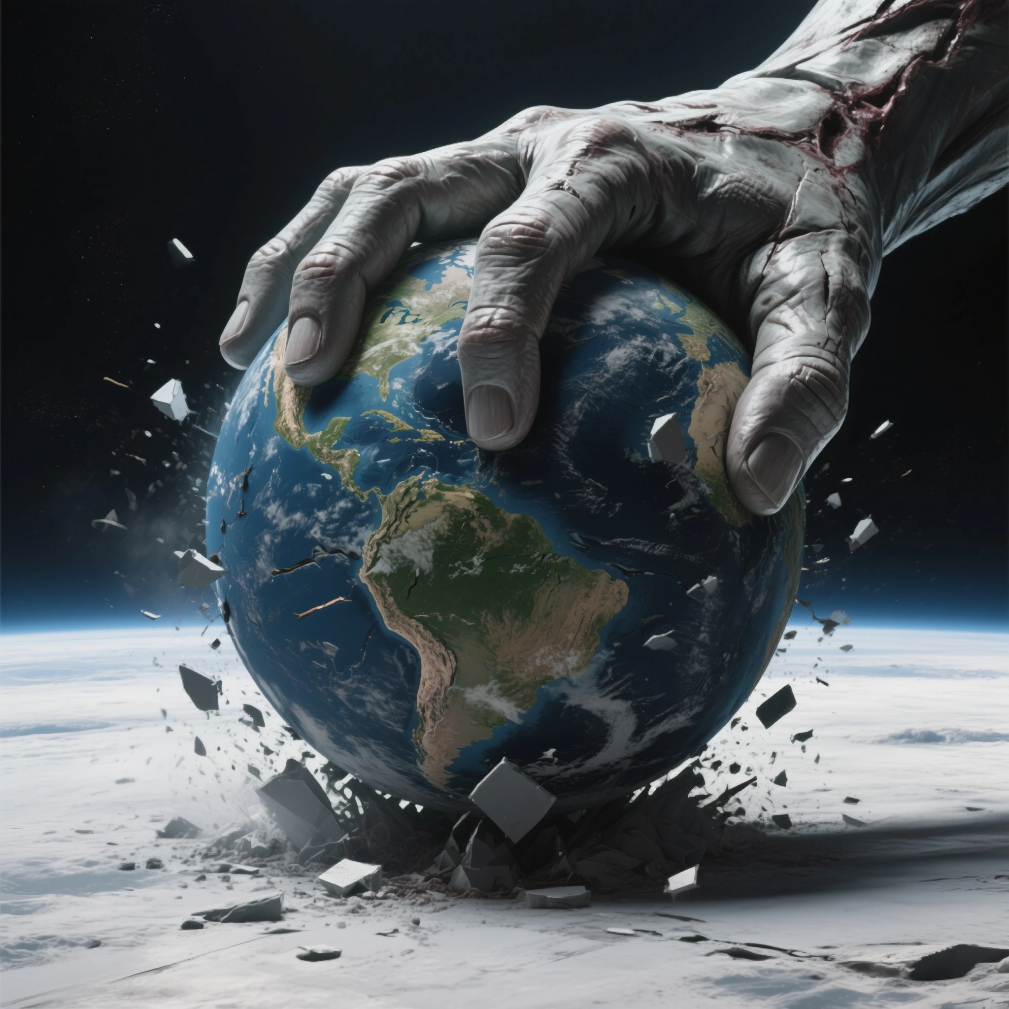Giant hand trying to grab the earth with an explosion and countries launching nuclear rockets and a dog