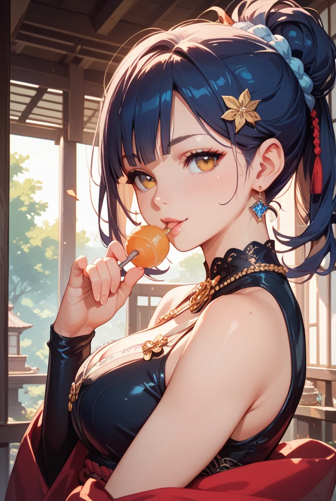 (highest quality:1.2, Very detailed, up to date, Vibrant, Ultra-high resolution, High Contrast, masterpiece:1.2, highest quality, Best aesthetics), Portraiture、girl、25 years old, Bright colors、Beautiful fine details、Beautiful lip detail、long hair、black and purple ((streaked hair:1.6)), highlights hair: 1.5, brown eyes, glasses, earrings, ((slim body:1.6)), (small breast:1.5),Cheongsam, no sleeve, double bun , eating, chinese restaurant, Cowboy shot,