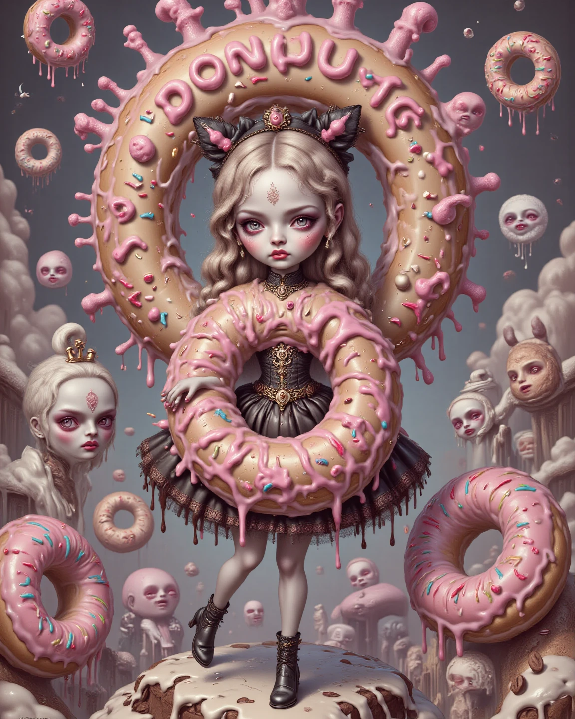 <lora:Mark Ryden Style:1>, <lora:V1nt4geKn0ck3rs_v2:0.5>, high quality, high resolution, masterpiece, looking at viewer, complex painting with many perspectives, Mark Ryden Style page, apocalypse, black plague, dystopia, extreme violence, fractals, evil girl with horns with big breasts, latex body suit, tsunami, laughing, whipping thousand of miserable men, on top of a pile of gold, terminators, nuclear bomb in the background, the world is on fire, the devil is watching in the sky, piles of money, mascara, earings, V1nt4geKn0ck3rs