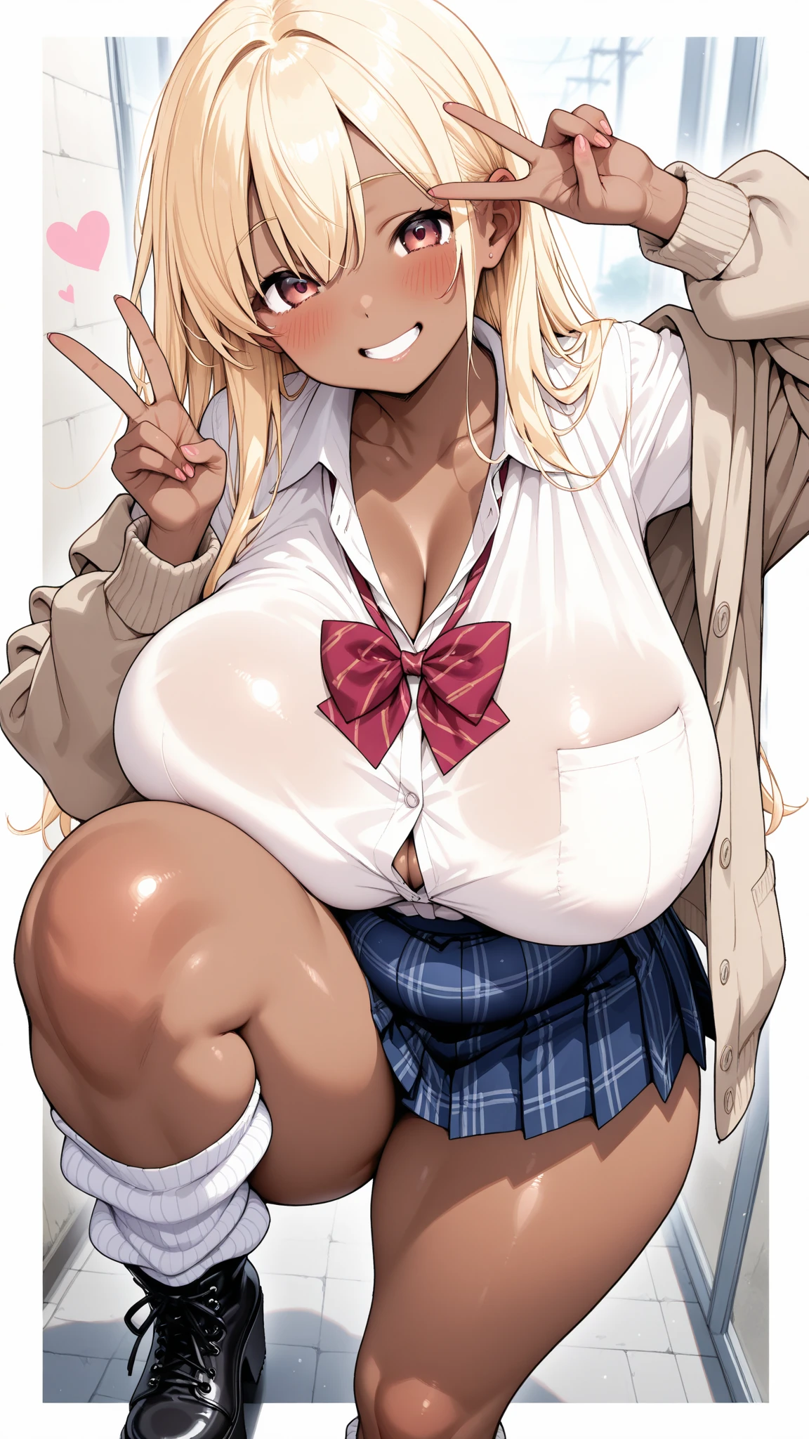 (nsfw),masterpiece,ultra detailed,sharp focus,4k digital art,high resolution,(puffy nipples),(v sign with both hands:1.5),(aroused and blushed:1.7),(peeing),tareme,(adult beautiful face,curvy adult body:1.3),(upskirt:1.4),(school cardigan:1.3),dress shirt,black socks,(navy and pleated skirt),bow tie,(blonde hair,side ponytail),(dark skin),outdoor,public park,(sweaty:1.2),grinning,(trembling,flying heart-shapes),(squatting and spreading legs),(sexy and laced red undies:1.3),loafers,crowd in background,gigantic breasts,drooling,heart pupils