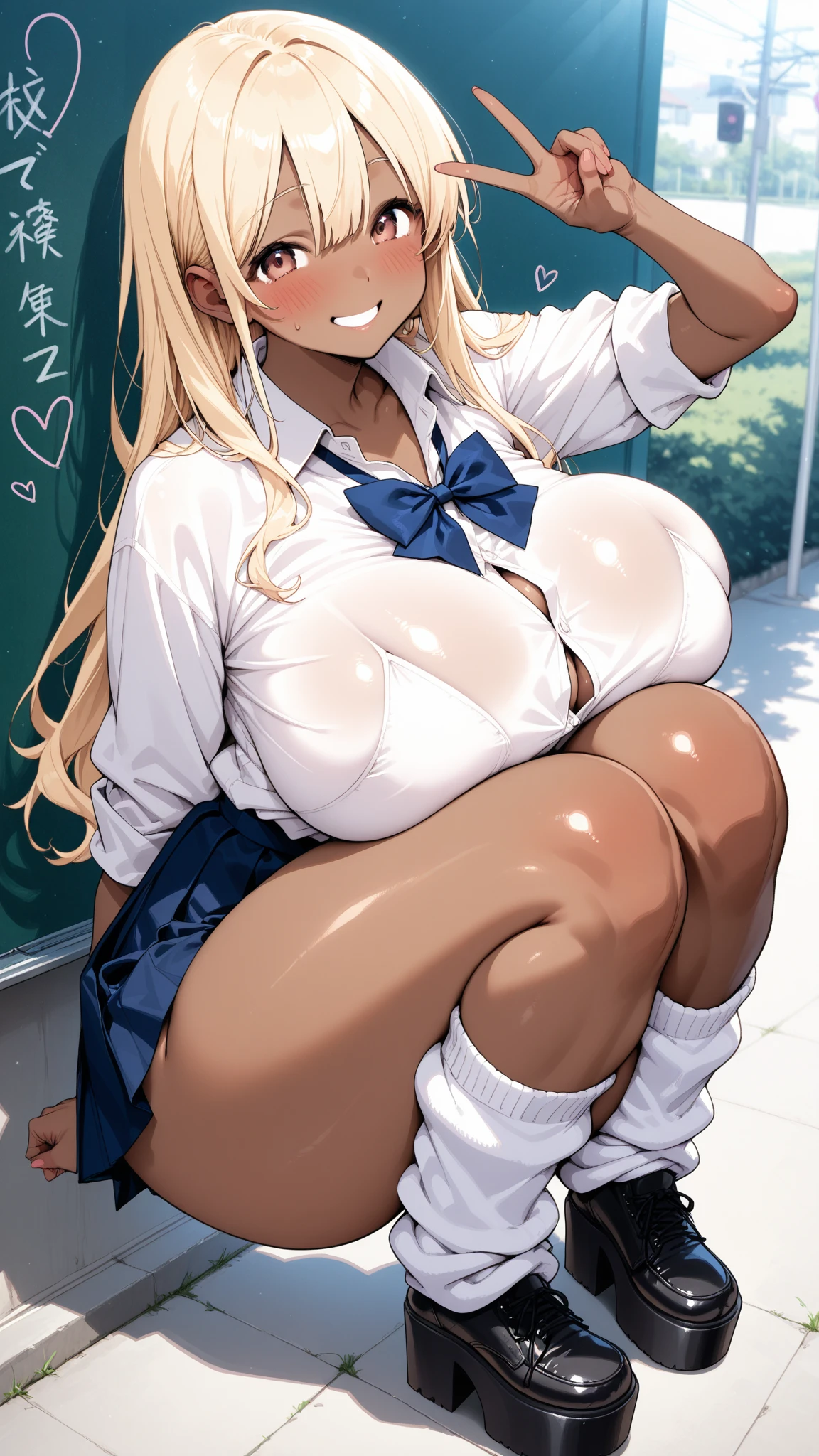(((Spread your legs))、(((Accentuate your breasts)))、Highest quality, 8k, masterpiece :1.3)), whole body, Sharp focus :One Girl,Glowing Skin,Sexy pose,Highest quality,Tabletop,shape,Very delicate and beautiful,Hmph,8k壁紙,wonderful,In detail,Official Art,Very detailedなティッカーUnity 8k壁紙,Unbelievably ridiculous,Large file size,Very detailedな,High resolution,Very detailed,Beautiful detailed,Realistic,X-ray,The queue is full,(((Uniform Blazer、mini skirt)))、(((Big Breasts、blonde)))、(((School、classroom)))、Cleavage , ((Long golden hair、Dark Skin))、Beautiful belly button、Knee-high socks、Sexy pose、Hairstyle: Long Hair、both hands、Black gal(Dark Skin:1.2)、Dark Skin