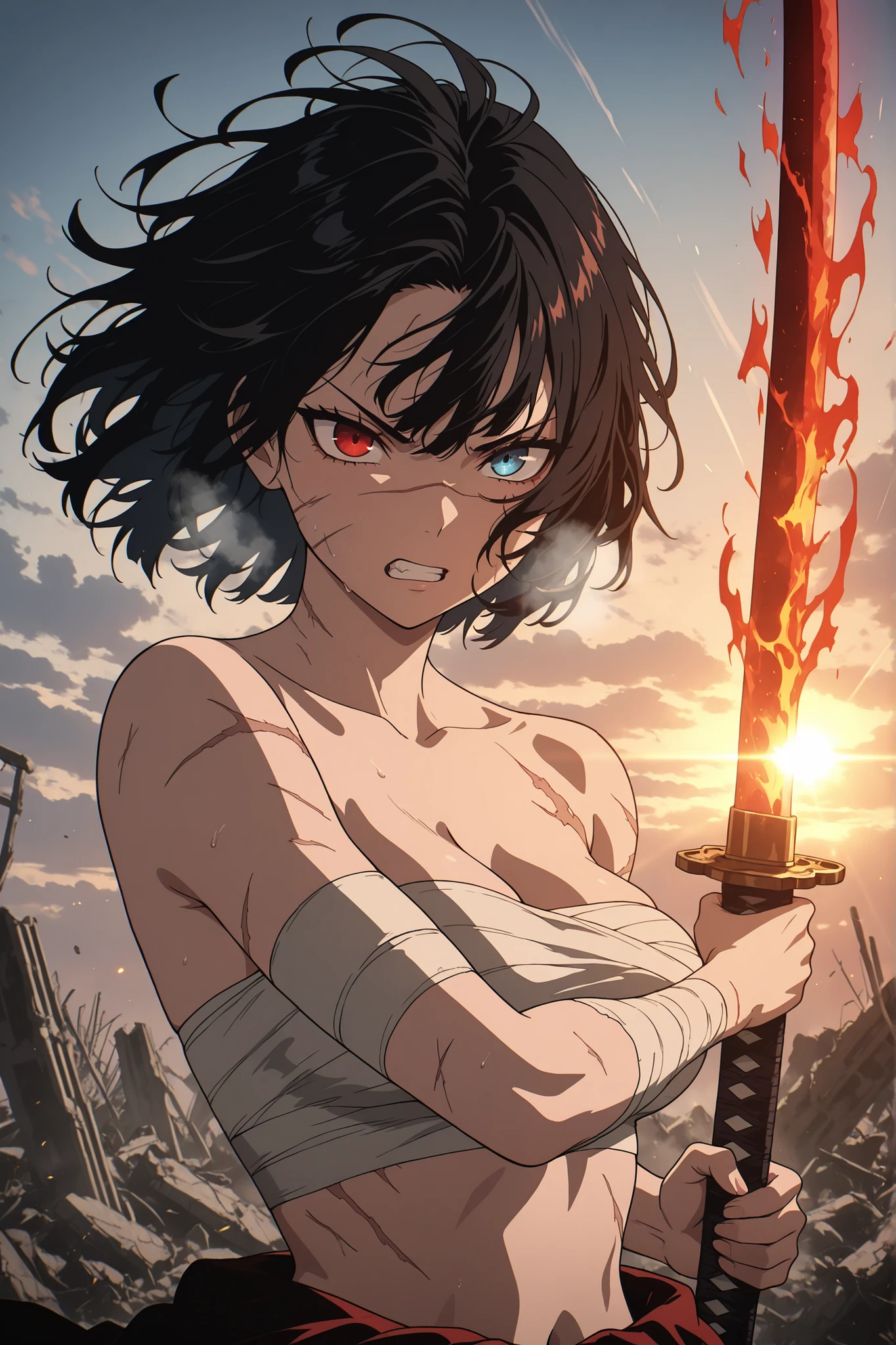 masterpiece, best quality, amazing quality, newest, very aesthetic, upper body, 1girl, black hair, heterochromia, red eye, blue eye, medium breasts, bandages on arms, chest sarashi, midriff sarashi, clenched teeth, breath, scar on arm, holding katana, fighting stance, fiery katana, burning katana, ruins, amazing background, depth of field, bokeh, sunshine, sunbeam, cloudly sky, sun, wind, motion lines, absurdres, highres