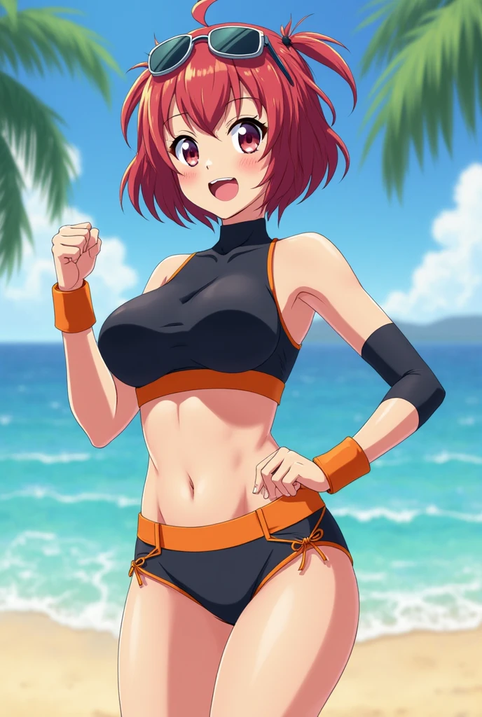 (best quality,4k,highres,masterpiece:1.2),ultra-detailed,anime,girl, 19 years old, short brown hair with red highlights,brown eyes,black bikini with star,jean shorts,beach scene,ocean waves crashing,clear blue sky,sparkling sand,seagulls flying,tropical palm trees,playful smile,dynamic pose,morning sunlight,soft lighting,vibrant colors,lush greenery,scenic view.