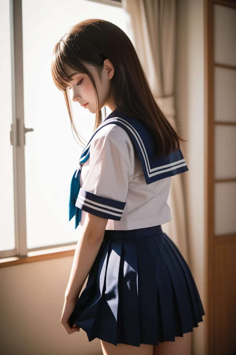 top-quality,ultra-detailliert,masterpiece,realisitic,Photo Real,Bright lighting,1 girl in, an extremely beautiful 17-year-old girl, (kawaii:1.2),Thin smile, (Brown eyes),(brown haired),(bangss),perfect glossy skin,flawless skin,((erotick,Sexy and sexually explicit)),((accurate hands without incongruity)), large full breasts,big breasts thin waist, Look at viewers,((a sailor suit)),((Short sleeve uniform white shirt)),(red necktie),(Blue Mini Pleated Skirt),(((skirt lift by yourself))),(lifted by self),(Showing panties),panties on,panties focus,((Sit up,spread legswide)), sockes, (Black knee socks),(Loafer shoes), during daytime,On the train,Horizontal long seat with your back to the window、(((((a miniskirt、upturned ass、light skinned、kawaii、Embarrassing、Super beauty、Upturned、Get on all fours with your big butt sticking out towards the viewer、While staring at the viewer)))))