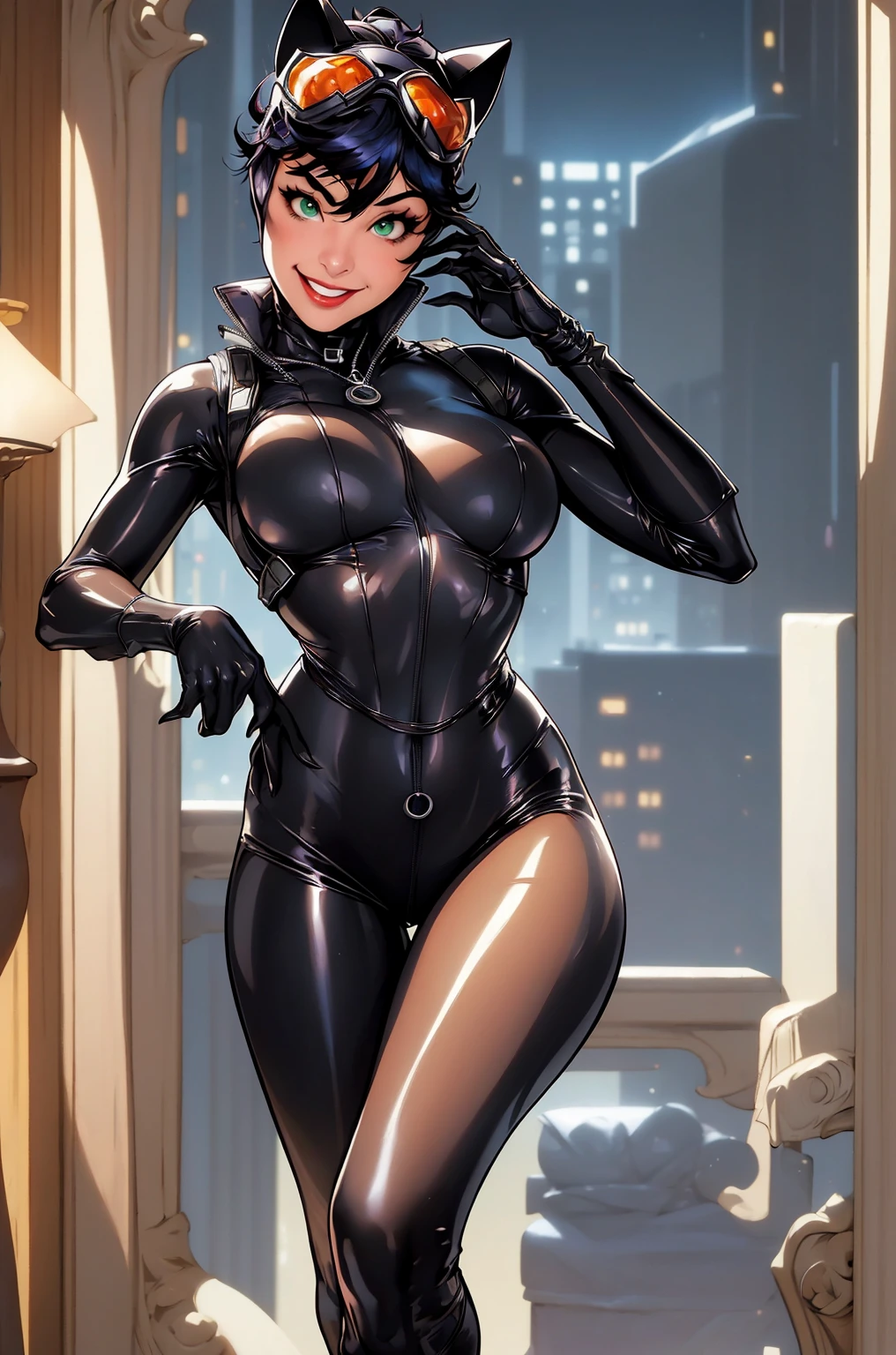 (masterpiece, best quality:1.2), catwoman, 1girl, solo, breasts, looking at viewer, smile, (cat ears, goggles, goggles on head), huge breasts, navel, open clothes, black bodysuit, night, center opening, unzipped, open bodysuit, green eyes, blurry background, exposed breasts, breast focus, perfect hands, perfect fingers, skimpy outfit