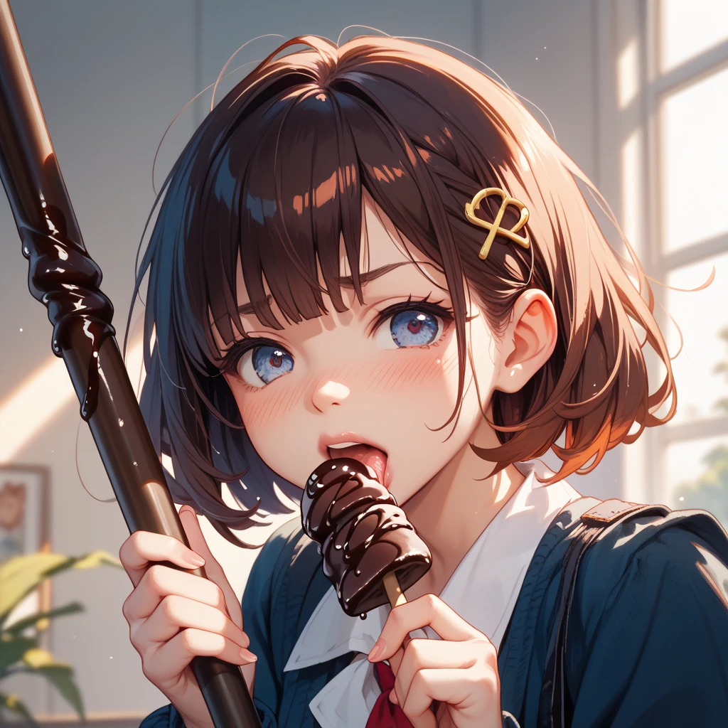 handjob,side view,face focus,eye-level shot,uniform,shirt,Checked tie,Checked Skirt,open mouth,tongue out,cum on tongue,Licking sausages,(1girl,Beautiful 14 year old girl),front face,from front,looking at viewer, looking ahead,Black Hair,Short Twin Tails,Gray Eyes,Drooping eyes,slit pupils,narrow eyes.Beautiful and detailed anime art,Mischievous smile,Dimly lit room,Simple Background,Gray background,Low lighting