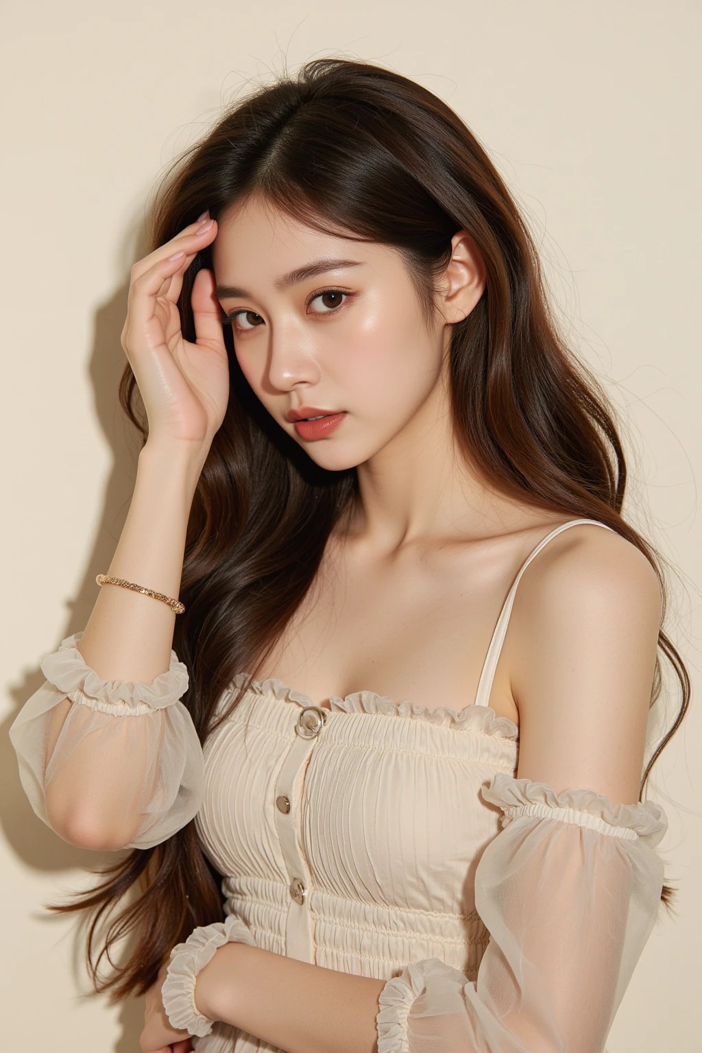 one Thai model ,Unique details, virtual fashion, Near future, Curvilinear details , double eyelid, simple background