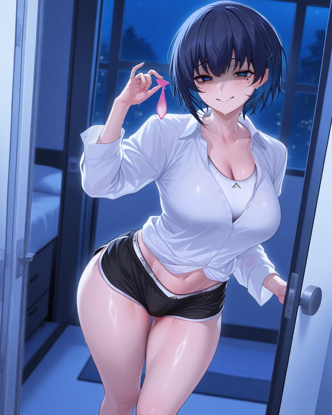 nsfw,vaginal penis,((1man and 1woman,POV,having sex:1.5)),man on top,((perfect anatomy:1.5,realistic:1.3,RAW Photography:1.3,masterpiece、highest quality、Ultra - High resolution、High resolution、Highly detailed CG、8K)),cowboy shot,1 female,solo,HIP HOP dancer,18-year-old、High school girl beautiful girl,Japanese,((beautiful detailed face and eyes:1.2,big gorgeous eyes:1.2,gray eyes)),dark brown hair,short bob hair,bangs,medium breasts,slender body,small head:1.3,skinny,(oily skin,gleaming skin,shiny skin、sweat:1.5),((white shirt with collar、crop top、black collar、bottomless,vagina,creampie)),lying,on back,spread legs:1.5,arms behind back,floor,locker room,Backstage、Harajuku、Tokyo、