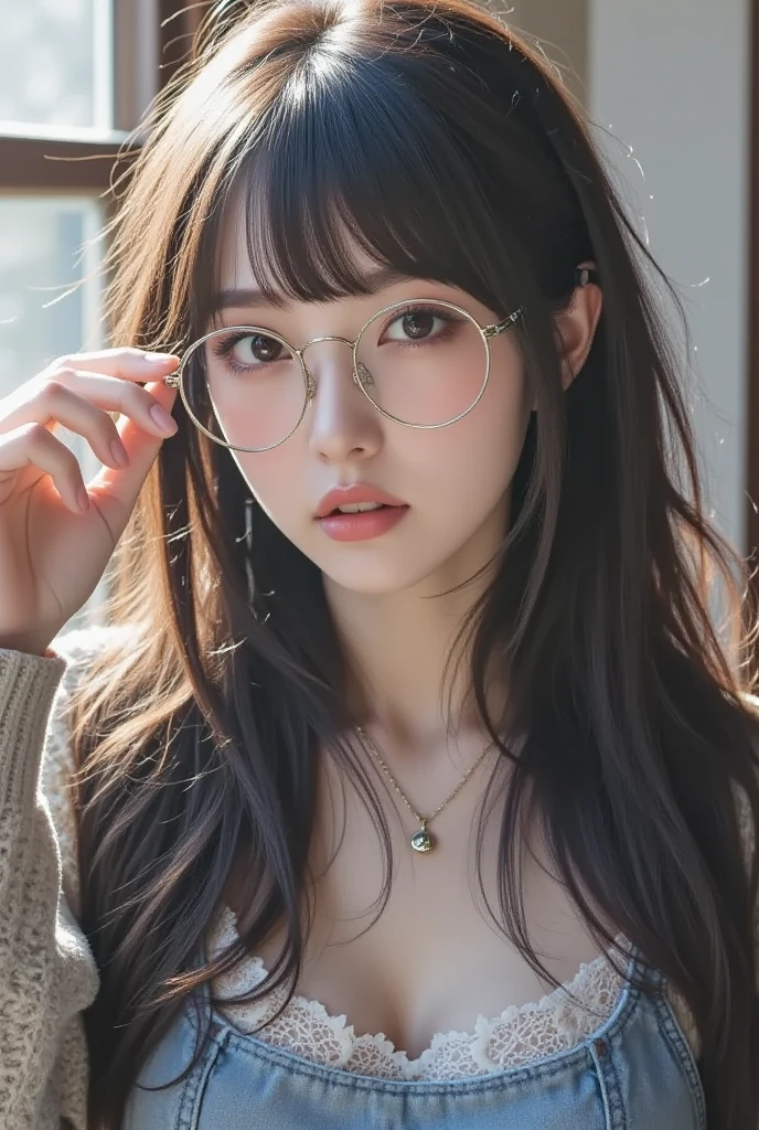 background(黒いnight空,Big Moon),Close-up of a woman,Wearing a white shirt、((Black-rimmed glasses))、Purple Hair,Very long hair,very thick braids,Purple eyes,big , realistic girl rendering, 8k artistic german bokeh, Enchanting girl, Real Girl, Gurwitz, Gurwitz-style artwork, Girl Roleplay, Realistic 3D style, cgstation Popular Topics,, 8K Portrait Rendering,(truth,truth:1.4),巨big ,Sparkling eyes,Purple eyes、Captivating beauty、Attractive adult woman、Beautiful woman、Cool girl、evil female、brainwashingされた、brainwashing、Fallen into evil、Grin、邪evilな表現、邪evilな笑顔、evil、Brown Hair、Wavy Hair、Swept-apart bangs、Heavy makeup、Heavy makeup、Sharp Eye、Hollow Eyes,Half-closed eyes、Hollow Eyes、Purple Eyeshadow、Black lipstick、Black lip gloss、Long black cheongsam、Wide sleeves、night、Spooky Fortressscape Brush、Compensate、Are standing、