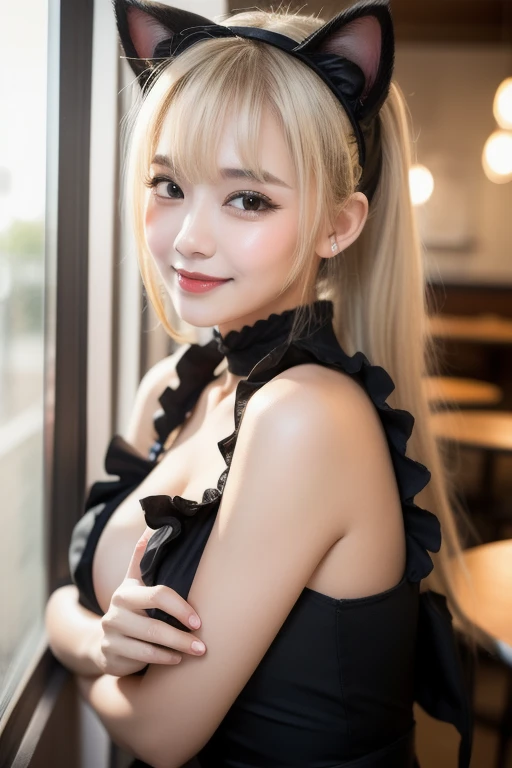 (Highest quality, 4K, 8k, High resolution, masterpiece:1.2), Very detailed, (Realistic, photoRealistic, photo-Realistic:1.37),Japanese,(Dull Blonde),ponytail,Black choker,smile,(clothing:random),Shoot to your feet