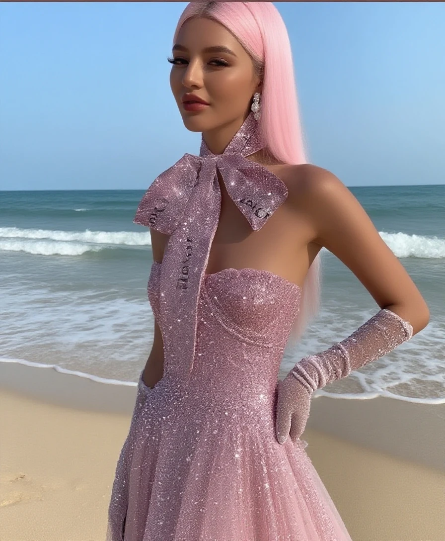 woman with long pink hair, nude,dress, pool, sky blue color,bikini, water, shoulders, music video, youtube, screenshot, dua lipa, , behind view,d, ultrarealistic, detailed" "female, fashion, summer, stylish, glamour, elegant, trendy, chic, model, leisure" "luxury, poolside, tropical, vacation, relaxation, sunlight, reflection, water droplets, fashionista, modern
