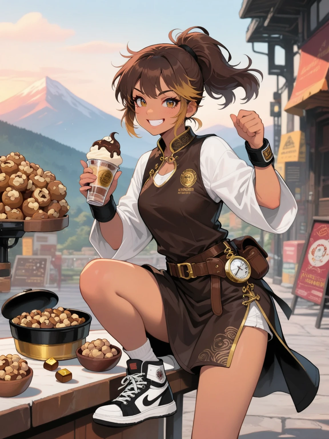 ((Masterpiece)), best quality, absurderes, ultra detailed, holographic, cowboy shot, dynamic pose, golden ratio, super cute girl, mature girl, extremely beautiful, super beautiful asian girl with super beautiful brown shiny eyes, super petite and sexy body, super beautiful legs, super beautiful brown multicolored short hair, high ponytail, shiny and super beautiful skin, nice and sexy body, slim and delicate body, perfect body, wearing a super tight black short sleeve crop top, bare shoulders, super tight translucid black leggings, hot panties, fox hairband, being photographed in a popular kawaii food court