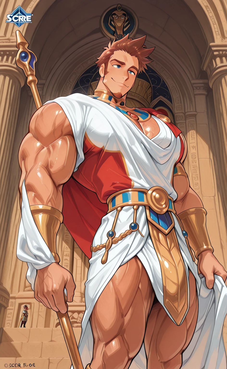 score_9, score_8_up, score_7_up, score_6_up, perfect anatomy, perfect proportions, best quality, masterpiece, high_resolution, high quality, aesthetic, absurdres, (male focus), solo male, adult, mature, masculine, manly, handsome, charming, alluring, cowboy shot, dutch angle, source_game, official style, Dagon, TASDagon, brown eyes, black hair, short hair, facial hair, stubble, dark skin, TASDagon_outfit02, bull-like horns headpiece, golden headpiece, golden necklace, strap, shoulder strap, golden shoulder armor, golden armlet, golden bracelet, white toga draped over shoulder, blue cape, black brief, black speedo, golden thighlet, gladiator sandals, mischievous grin, tongue out, translucent tentacles, arm fins, columns