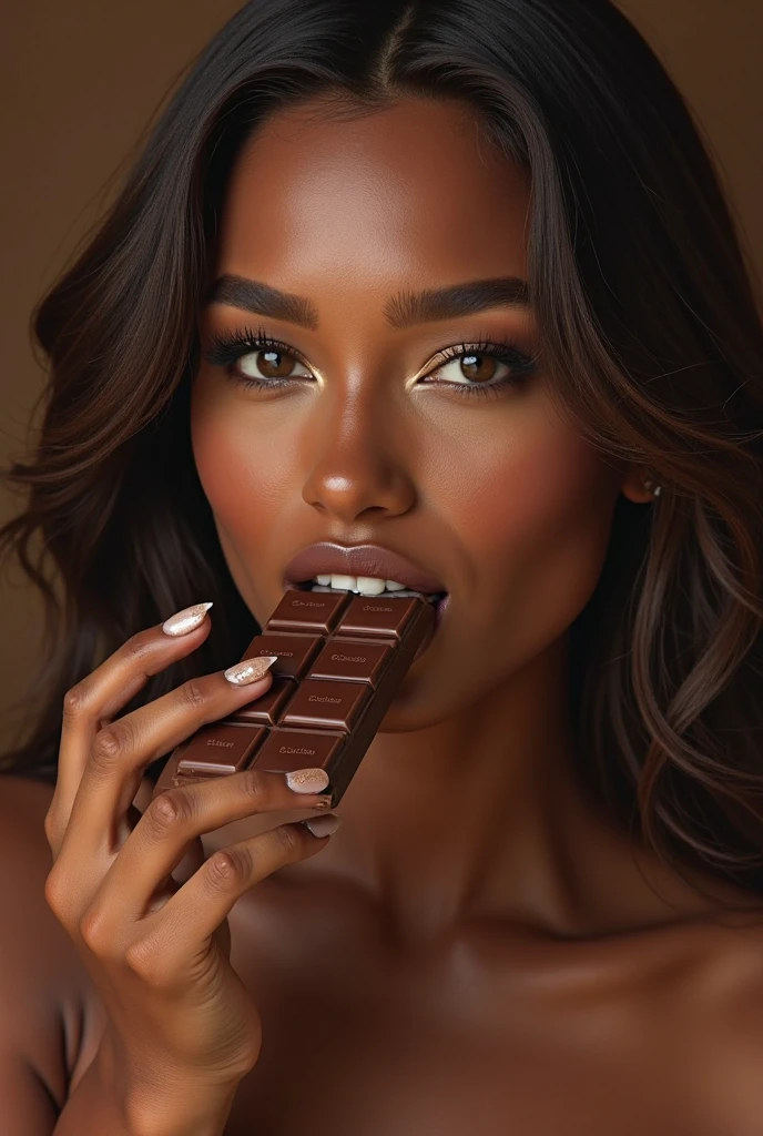 Indian brown girls. Eating chocolate. Full nude. Showing vulva and clitoris.