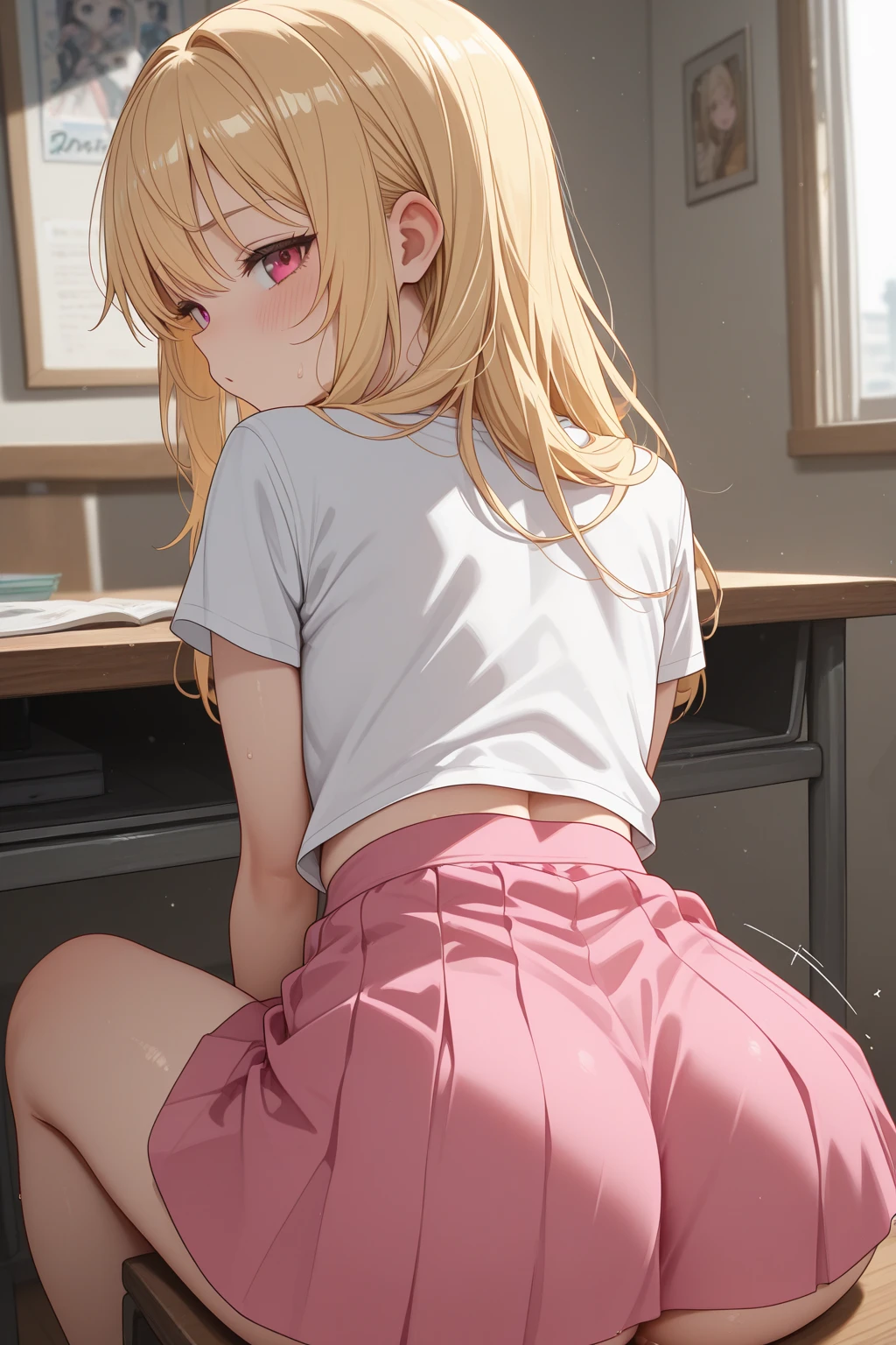 very bright and clear color ,Marin Kitagawa - My Dress-Up Darling ass ,in skirt school , school desk pink bending over showing ass ,pink underwear on