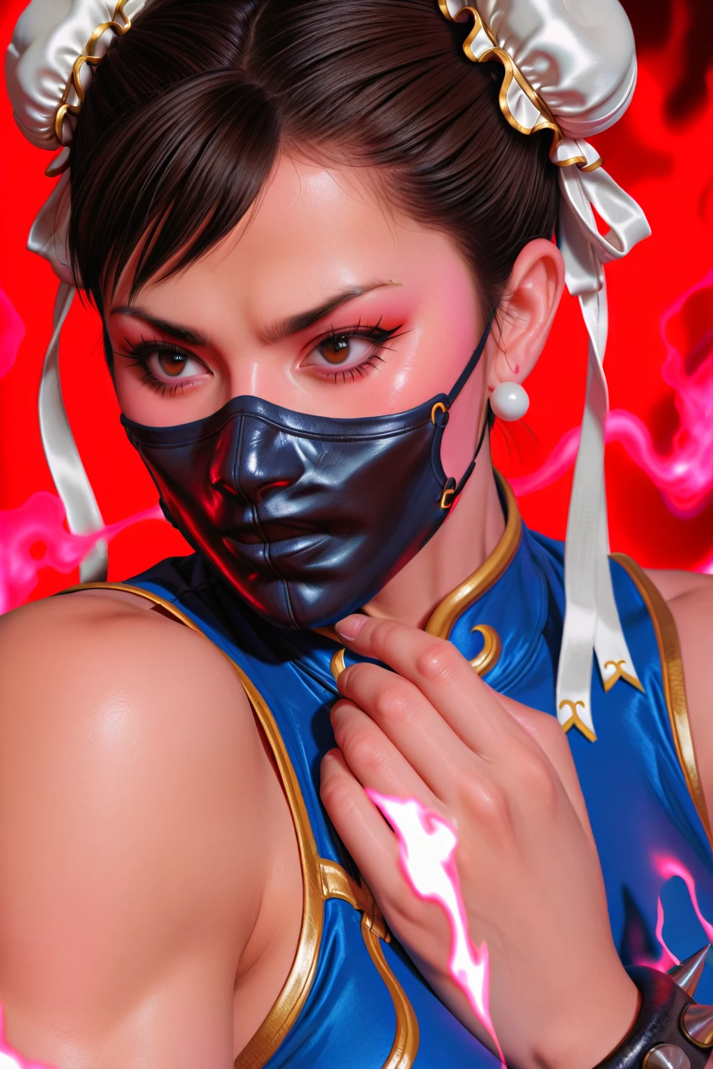 mileena, black hair, ponytail, lips, eyebrow scar, brown eyes, pink bodysuit, blowing a kiss, <lora:mileena:0.7>