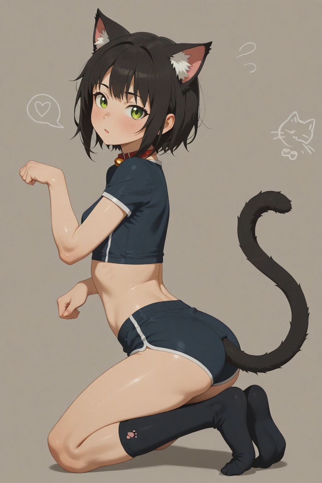 brown hair, brown eyes, cat ears, cat tail, very short hair, bending over, leaning over, garden, palace, long hair, smile, lake, white underwear, from behind