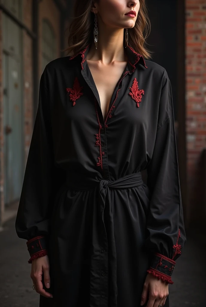 "A short, fitted black lace kimono dress with a bright red obi belt and delicate floral lace. The dress has a V-neck and short sleeves with lace.. The obi belt is adorned with a gold detail."