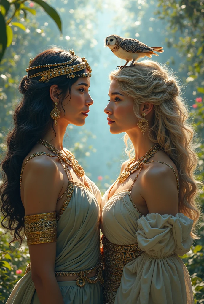 Two very beautiful virgins, Brown-haired Artemis from Greek mythology, Freyja the Blonde in Norse Mythology, whole body, Looking at the camera