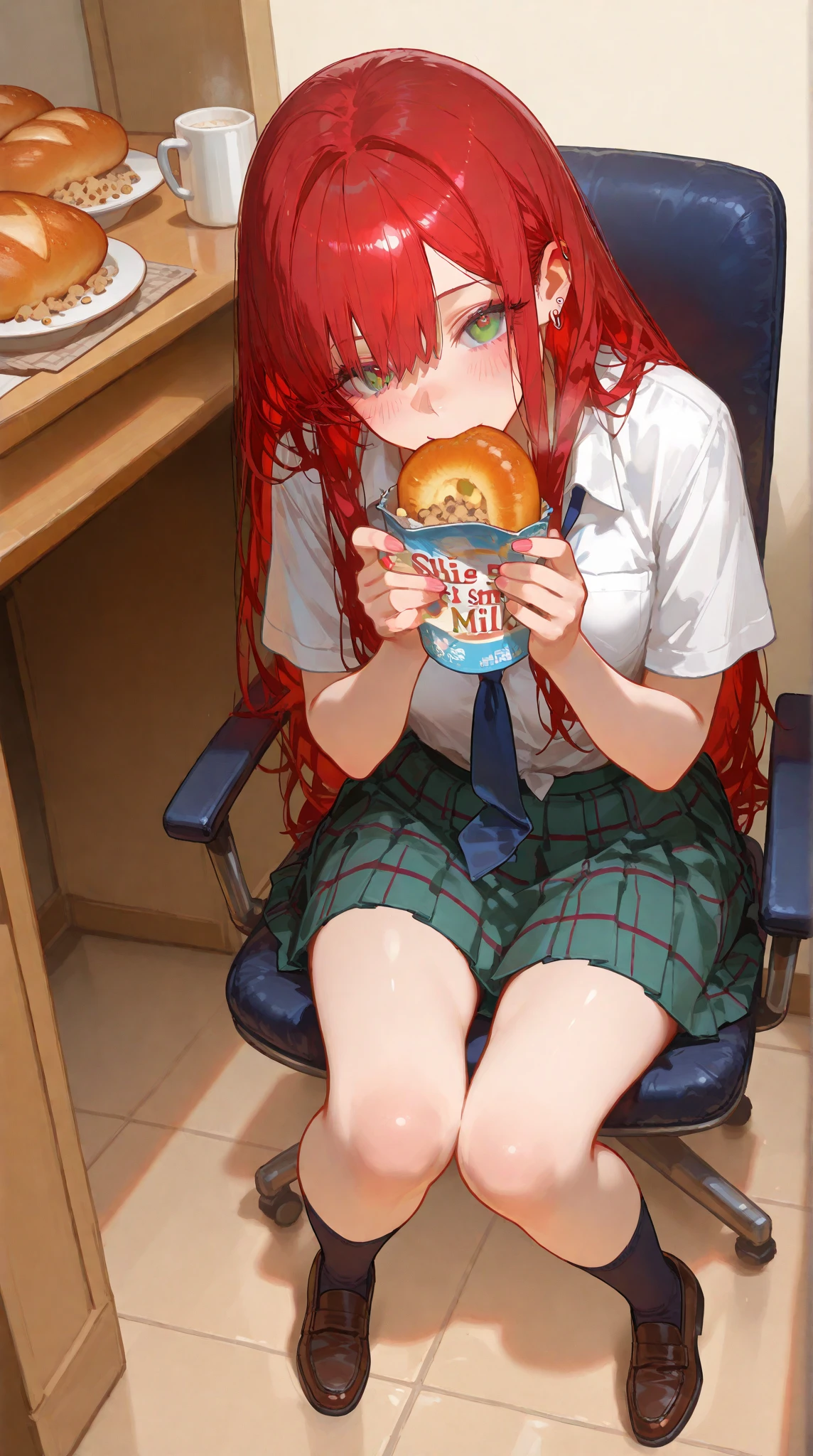 1girl, solo, small breast ((monika from doki doki literature club)) mouth closed, happy, in the classroom alone, detailed light, , full body view young, young body, eating strawberrie ice cream