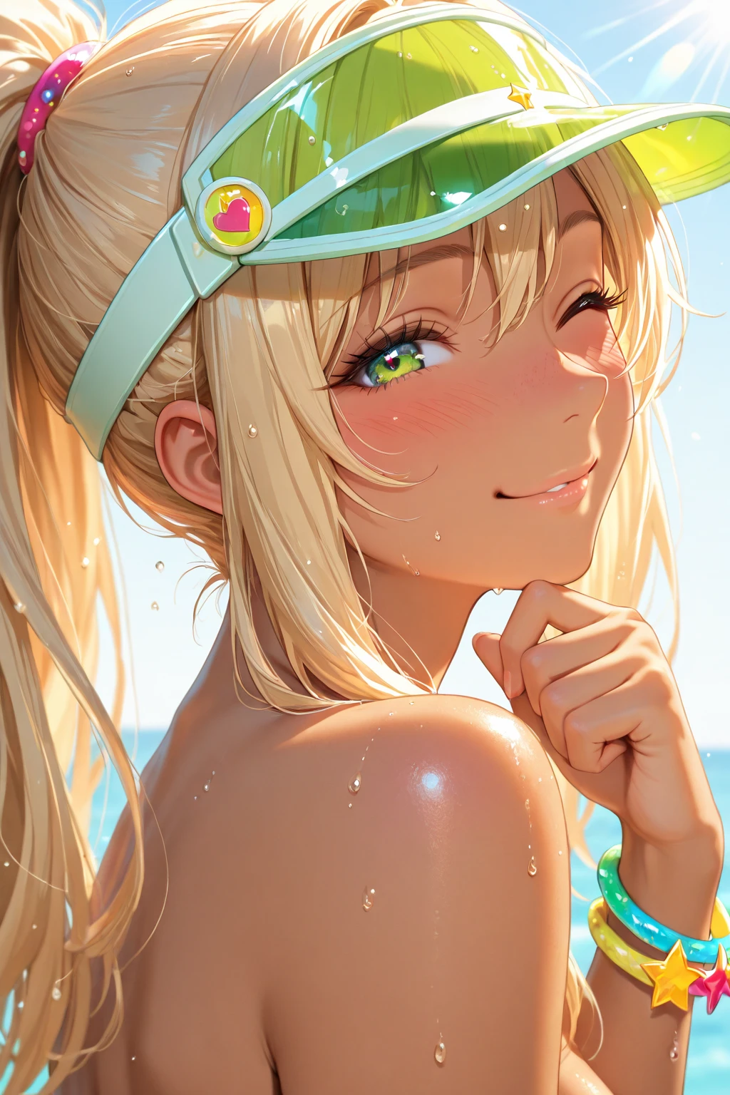 (highest quality:1.2, Very detailed, up to date, Vibrant, Ultra-high resolution, High Contrast, masterpiece:1.2, highest quality, Best aesthetics), Portraiture、girl、Bright colors、Beautiful fine details、Beautiful lip detail、long hair、ponytail, white and yellow green ((streaked hair:1.6)), highlights hair: 1.5, (medium breast,:1.5) (tan skin:1), 、((bikini:1)), (gold Satin-Bikini:1) , beautiful beach, day, (sun shine), blue sky , lie down on back, smile, (full body)