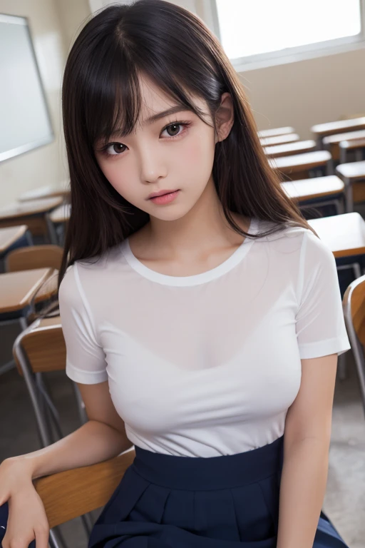 masterpiece, top quality, 4k, realistic, (photorealistic, RAW photo, sharp focus: 1.4), highly detailed, detailed face, detailed background, beautiful 18 year old Japan woman, classroom, mini skirt, tank top, flipping skirt, legs open, straddling, smiling, mouth open, light clothing, big, , wet and sheer clothes --auto