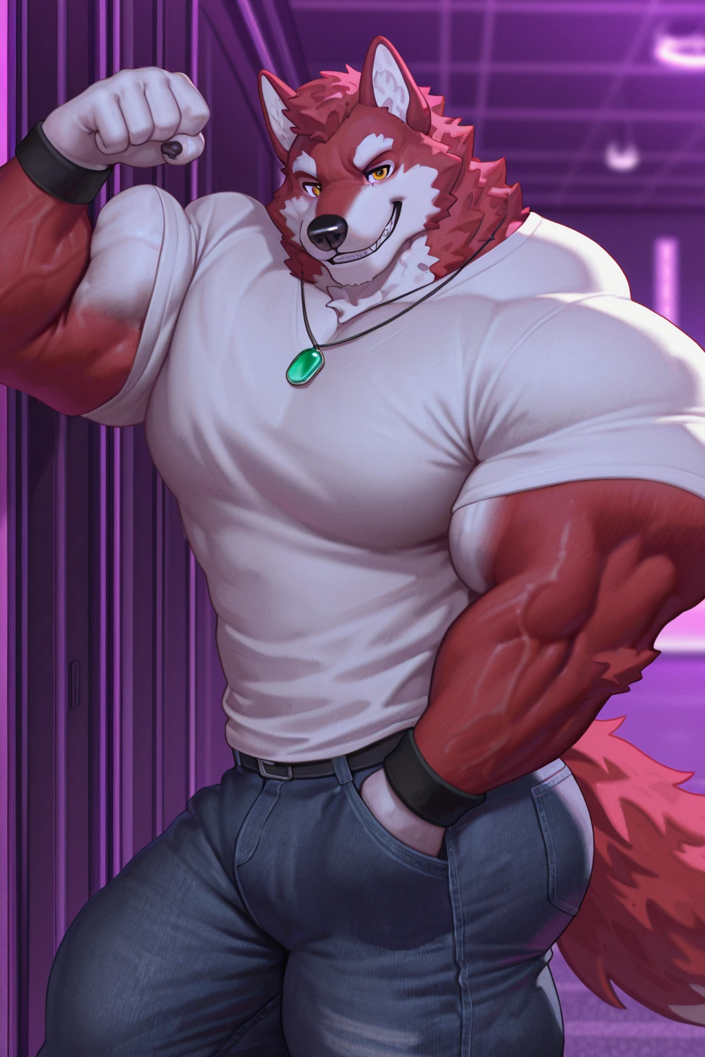 master part, best quality, in a bar, Detailed background, gray wolf, White fur, big pink, fat belly, hairy, Smile, perfect red eyes, wearing harness, black jockstrap, open pants zipper, with big, thick penis out of jockstrap, pole dance, sexy dance, another hand hold cock