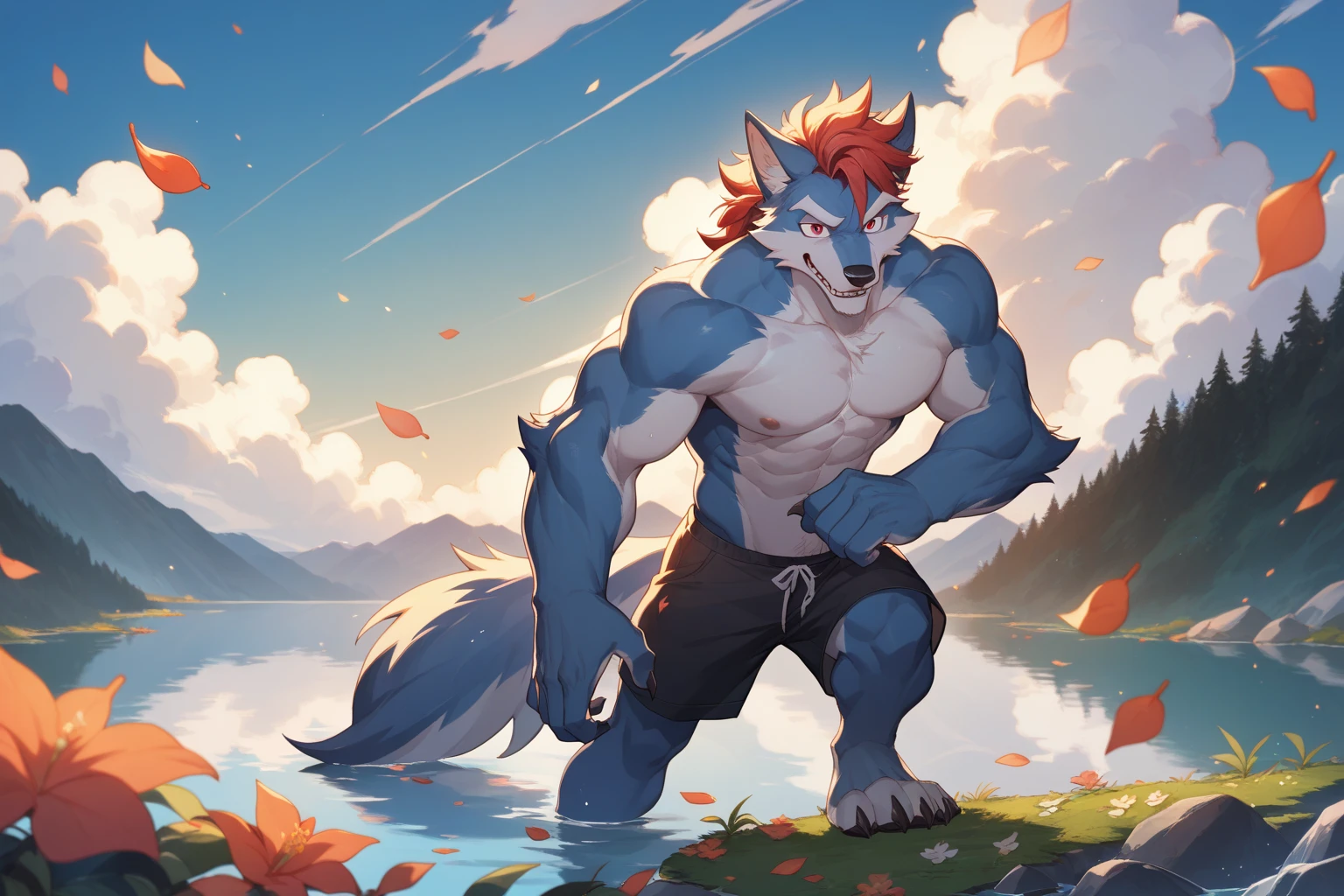 furry,bara,brown cow,masculine,green eyes,Bouncy body, body,Wear blue swimming trunks,Standing in the lake,The sun has set..