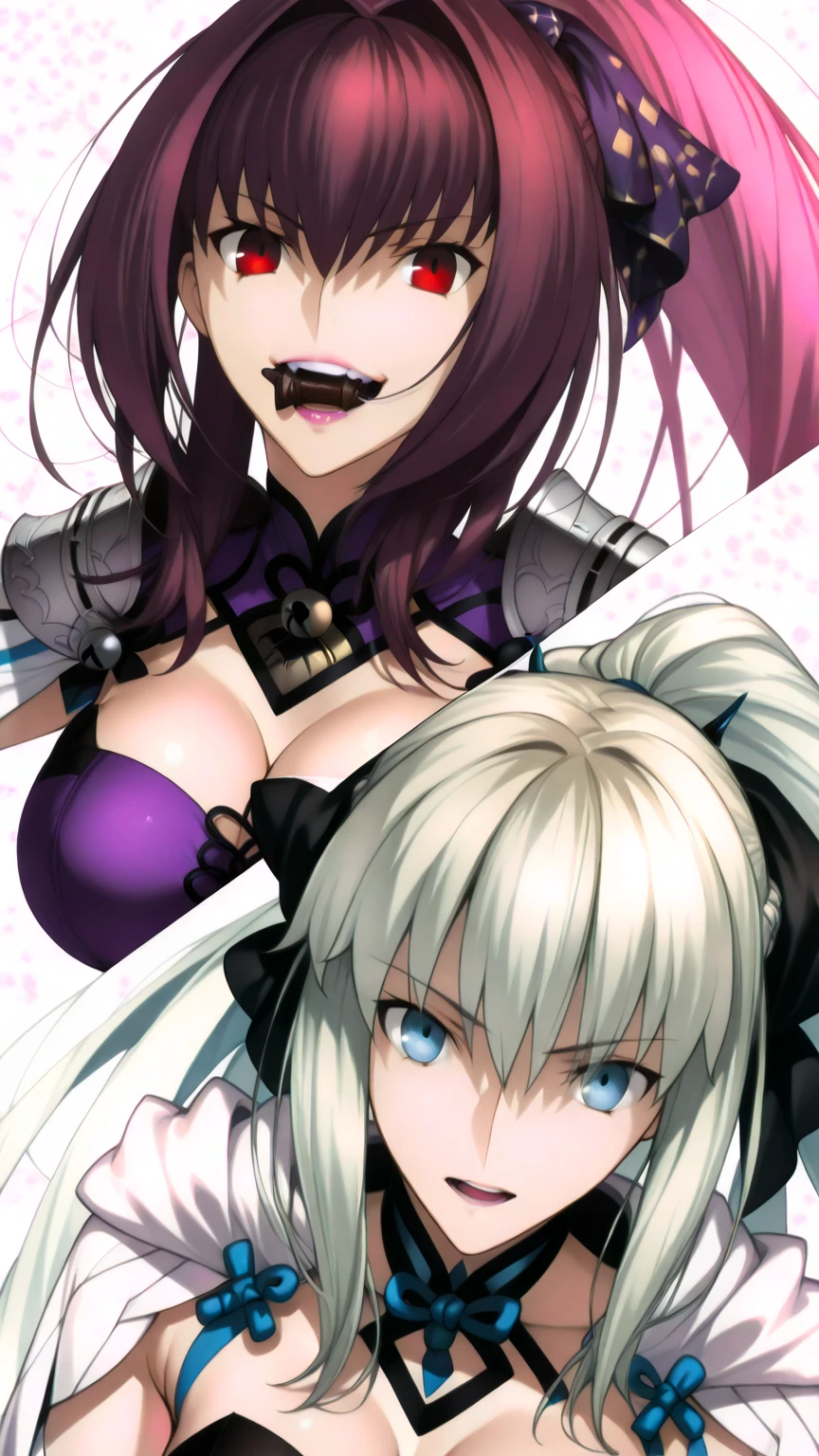 2girl,(lady:1.2), ((extremely detailed face, hair, skin, eyes)), HDR, 4k, 16k, 32k, 64k, 128k, 256k, 512k, asymmetrical balance, TSAA, FXAA, antialiasing, intricate details, fantastic, magic, light rays, raytracing, postprocessing, eyelashes, (eyeshadow), eyeliner, mascara, makeup, yuri, (thighs:0.8) nsfw, dynamic angle,
(raiden shogun:1.05), genshin impact, and (yae miko from genshin impact with pink hair and purple eyes:1.2), curvy,
(purple hair:1.2),
(long hair:1.2),
(braided:1.2),
blunt bangs,
purple eyes,
(large breasts),