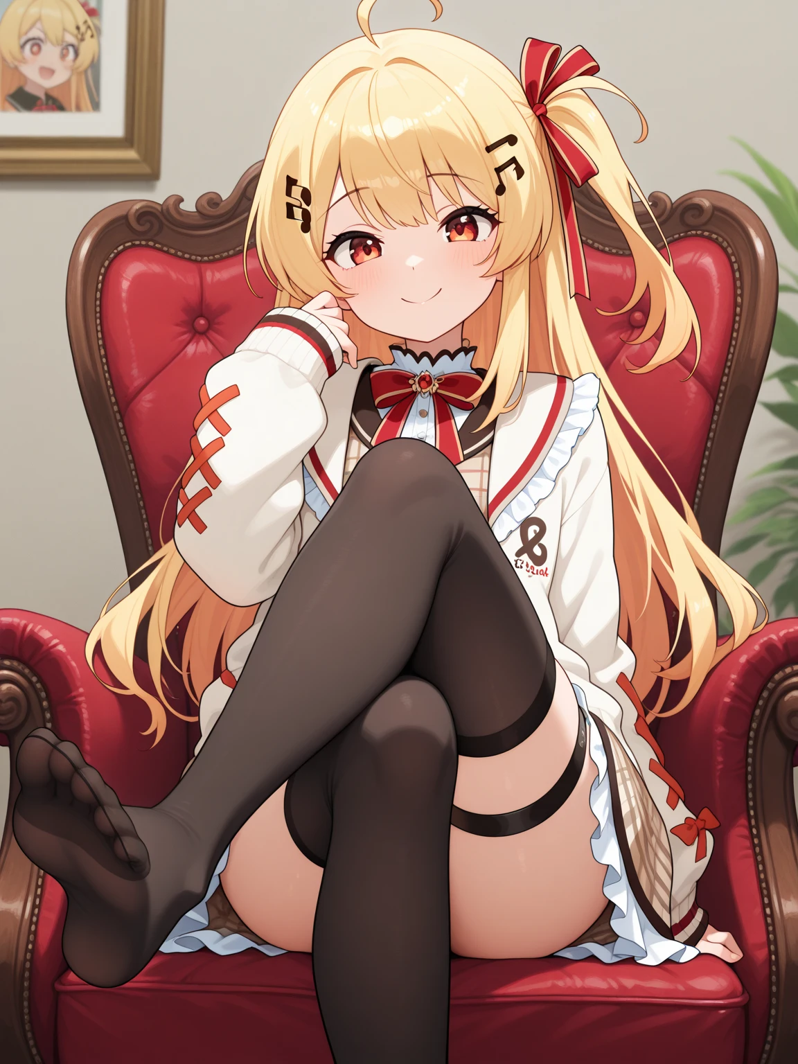 ((Best Quality)), ((masterpiece)), (detailed), 1 cat girl sitting on a chair with her legs crossed showing a bit of her thong, CLOTHES:mark, black brazier