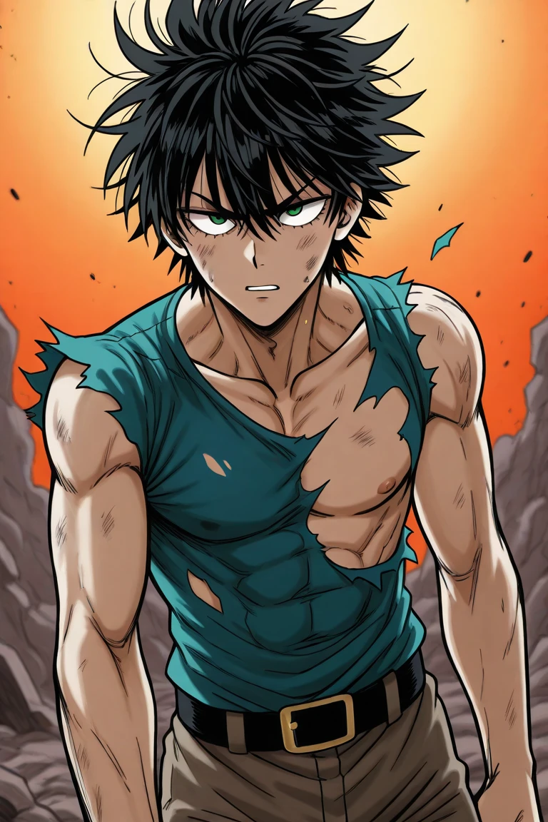 He is a 17 year old teenager, He has slightly disheveled very black hair..., somewhat light green eyes, (front angle ) , muscular body , he is shirtless , wearing pants from the anime "my hero academy", showing off your abs and defined chest