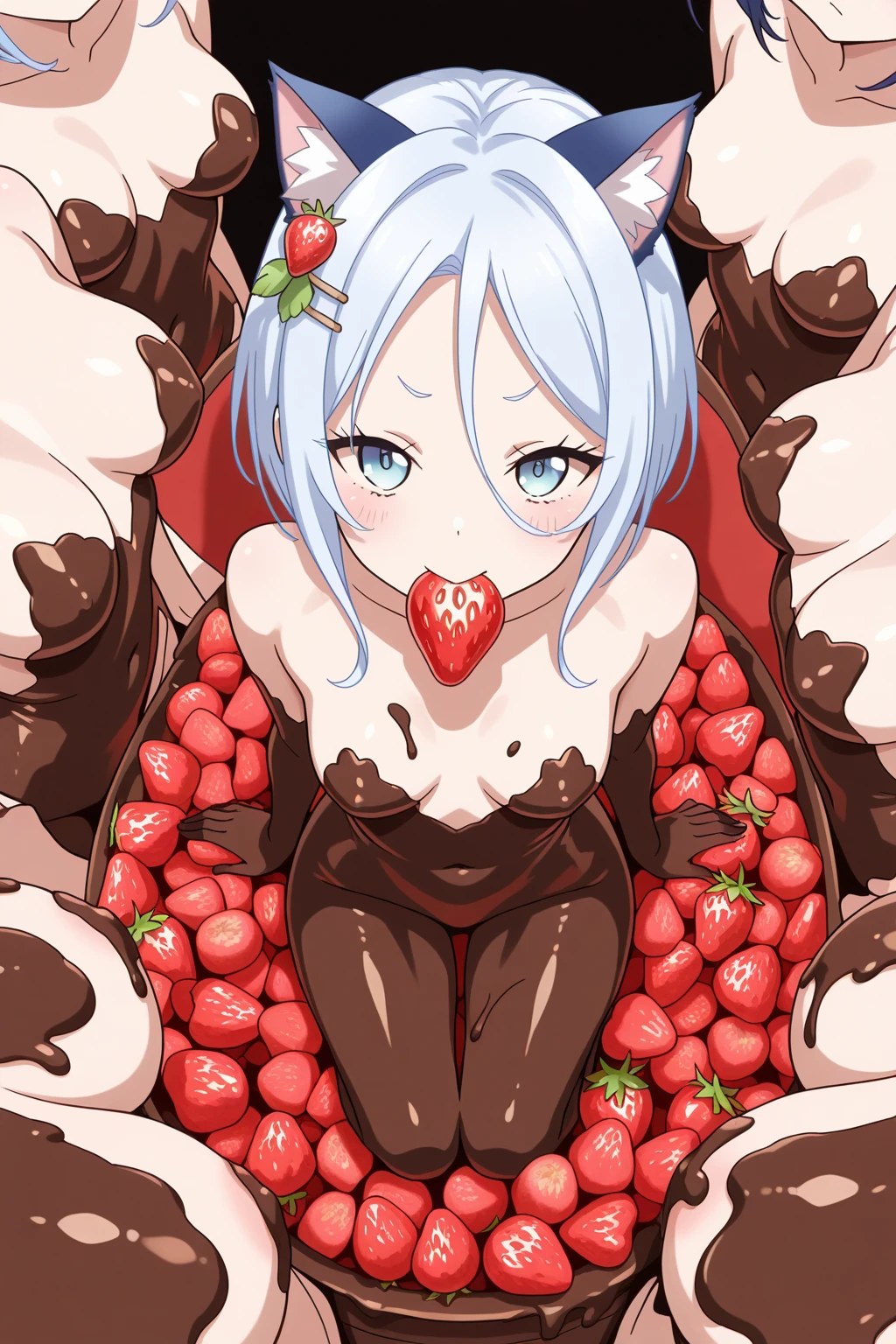 a girl lying in a pile of cookies and milk, close up, off center, (((1girl))), short stature, slender body, pale white skin, ((short white hair)), icy eyes, rosy cheeks, slightly androgynous, small breasts, Santa hat, (((wrapped in ribbon))), bell collar, mistletoe, ornament earrings, youth, ((milk)), pile of cookies, ((cookies)), splash of milk, cookie background
