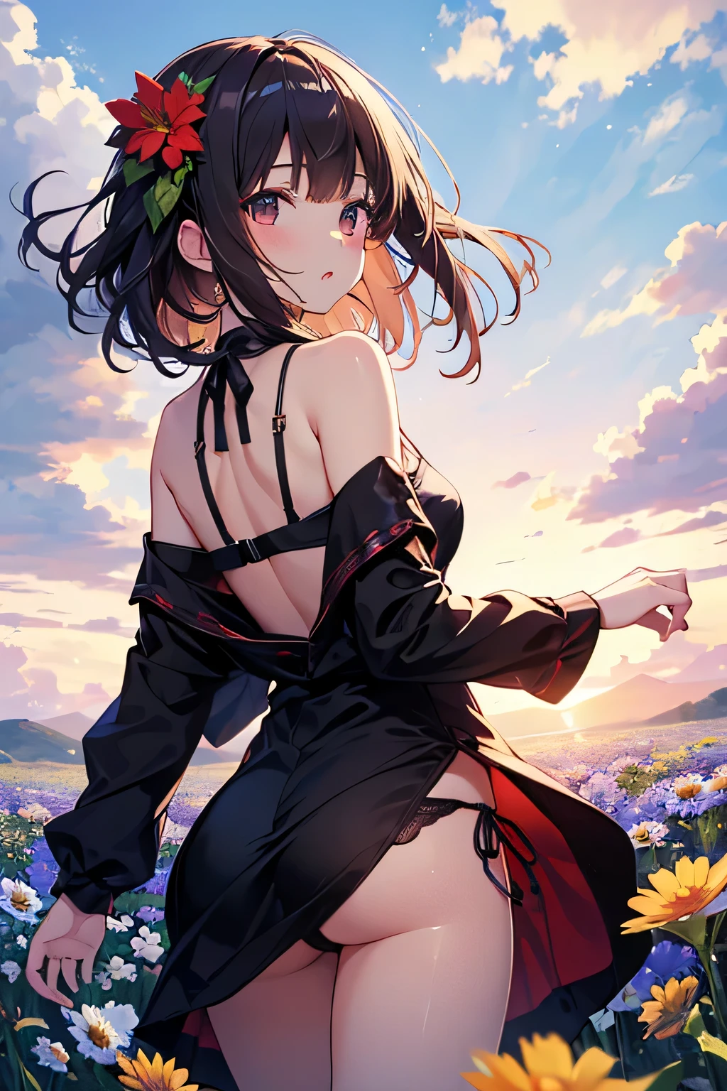 Vast landscape photography, (A view from below overlooking the sky and wild nature), (32k), 1 girl, cute, Ruby Effect, Red Theme, Long black hair, ( Beautiful red eyes:1.4), Eyes Wide Open, eyelash, puppet, (Half closed eyes:0.7), dancing and martial poses on a red and black floral bed with a Flemish dress, Flemish, (Giant Ruby Necklace 1.5)), (Perfect hands:1.4), ((Shining Ruby:1.3)), ((Shining Ruby Gemstone Background)), The pieces fly, Highest quality, Very detailed, masterpiece,,reflection light, high details, uhd, best quality, 16K
