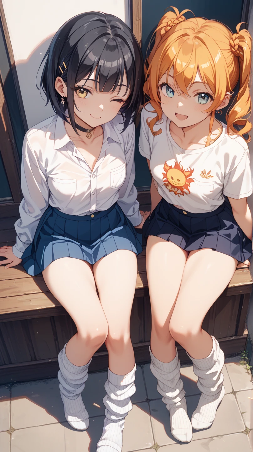 masterpiece, best quality, ultra-detailed, illustration, <lora:furutani_himawari-v14:0.9>, furutani_himawari, 2girls, :d, barefoot, blonde hair, blue hair, blush, breasts, brown eyes, cloud, collarbone, day, dress, flower, hair ornament, hairband, hairclip, holding, holding umbrella, large breasts, looking at viewer, multiple girls, nanamori school uniform, oomuro_sakurako, open mouth, sailor dress, school uniform, serafuku, shared umbrella, sitting, sky, smile, sunflower, umbrella, water drop, takahero, low twin braids, medium hair