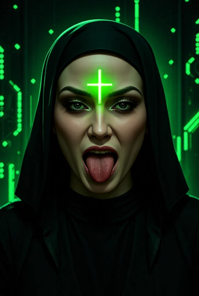 An alien monster wearing Nun's uniform and tentacles coming out using a personal computer