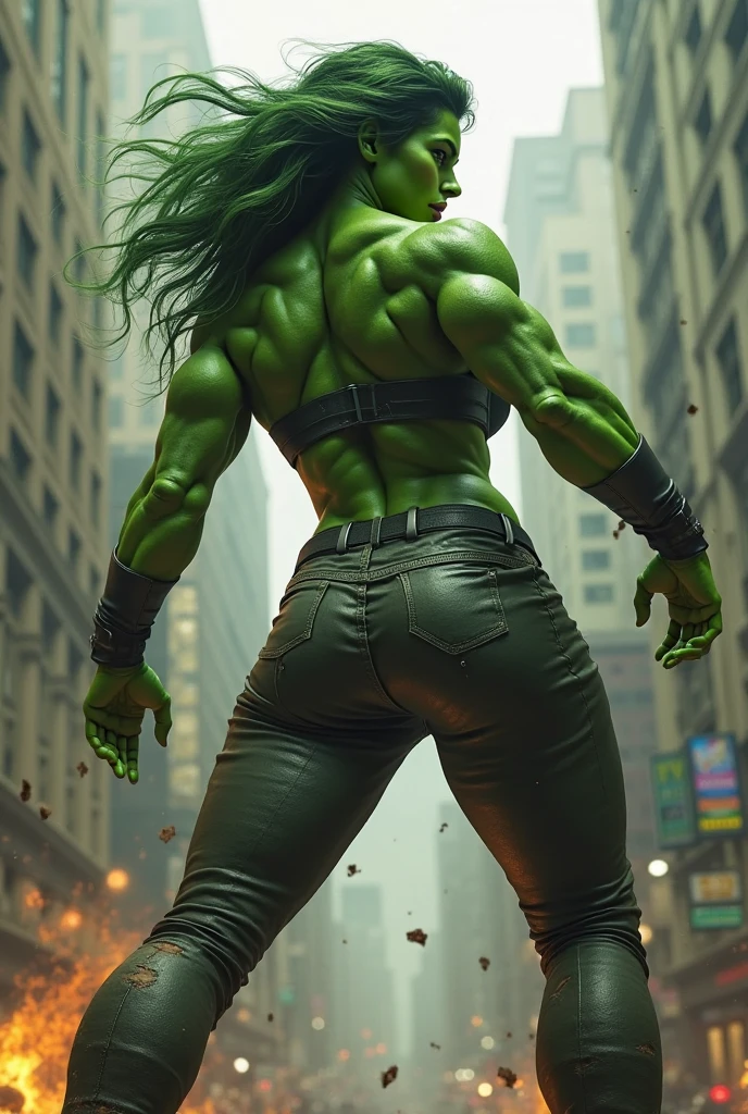 she-hulk, back view, green nude sexy (green skin) woman's oiled butt, STANDING LEGS APART, dramatic angle, extreme angle shot, low-angle shot, wide-angle shot, dark moody storm-clouds sky background
