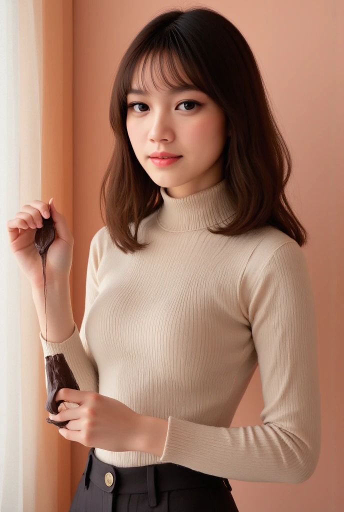 Real college girl wearing a cashmere knit dress、short hair、 (Ultra-realistic printed pantyhose:1.3)、Thighs Thighs Thighs Thighs、