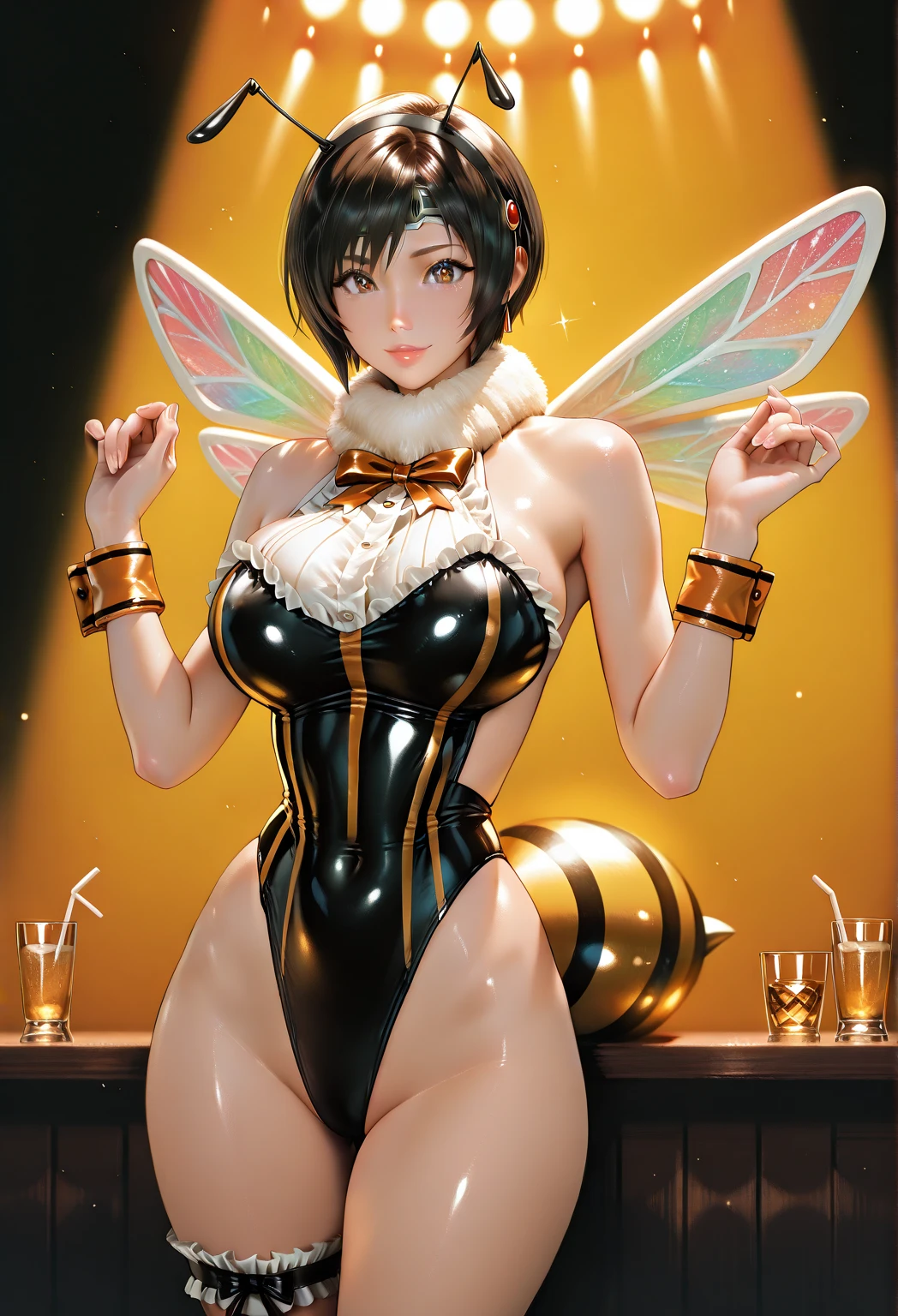 nsfw, pixiv, evil smile, sadistic, erotic lips, seductive eyes, drooping eyes, provocative expression, smirks, squint, enraptured, fascinated, scornful laughter, aroused, lovely, naughty face, half closed eyes, fearless smile, crazy smile,toned female, glamorous perfect female proportion, wide hips, extremely shiny, reflecting light, awesome metallic surface texture, cute, akiba, anime face, moe, yellow and black striped hair, wasp ornament, Yellow and black striped boots, wasp transparent wings, bee Transparent wings, wasp antennae, wasp printed, Honeycomb printed, poison needle, yellow and black striped fur, wasp eye helmet, spike choker, earrings, best quality, amazing quality, very aesthetic, absurdres