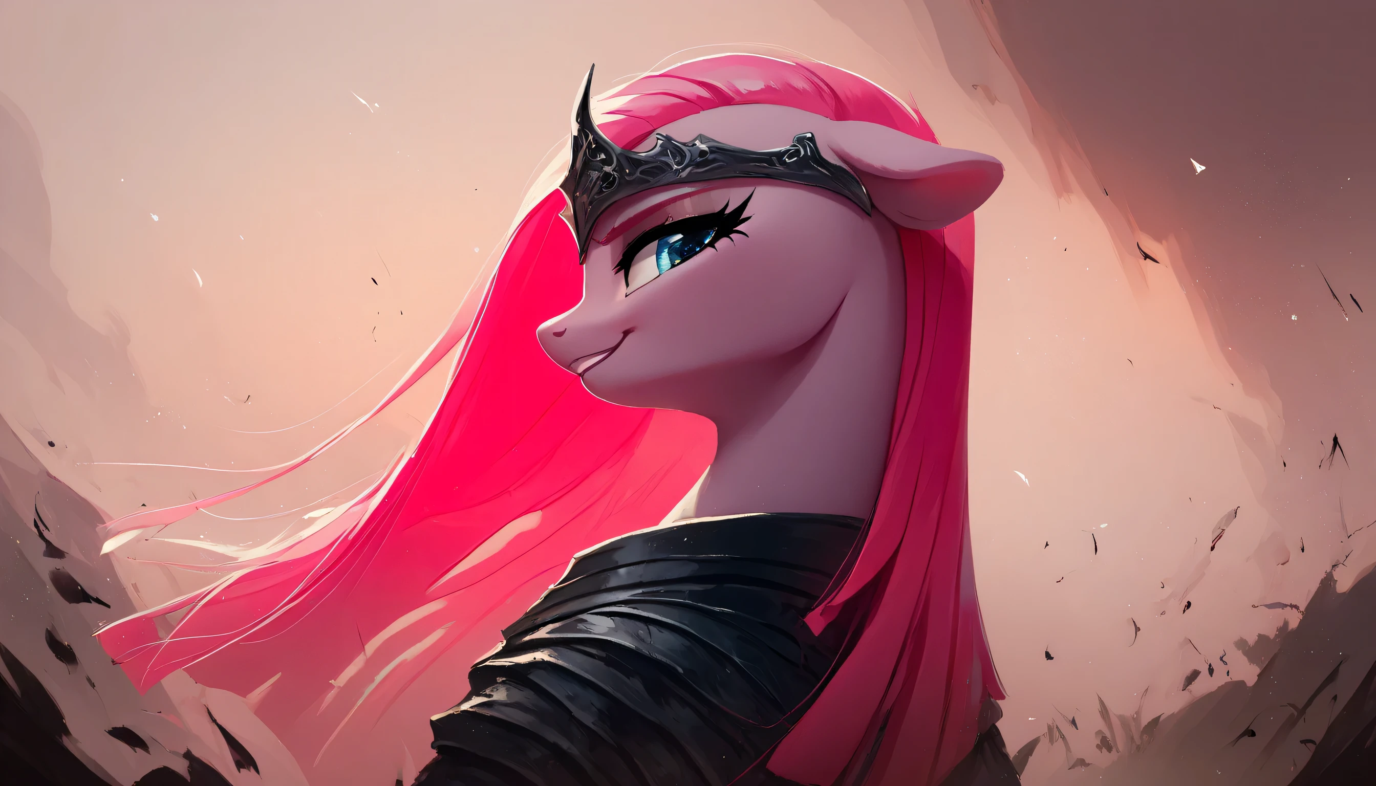 score 9, score8 _profile, score7 _, black souls style, pinkamina diana pie, pony, Alone, smiling, looking at the spectator,