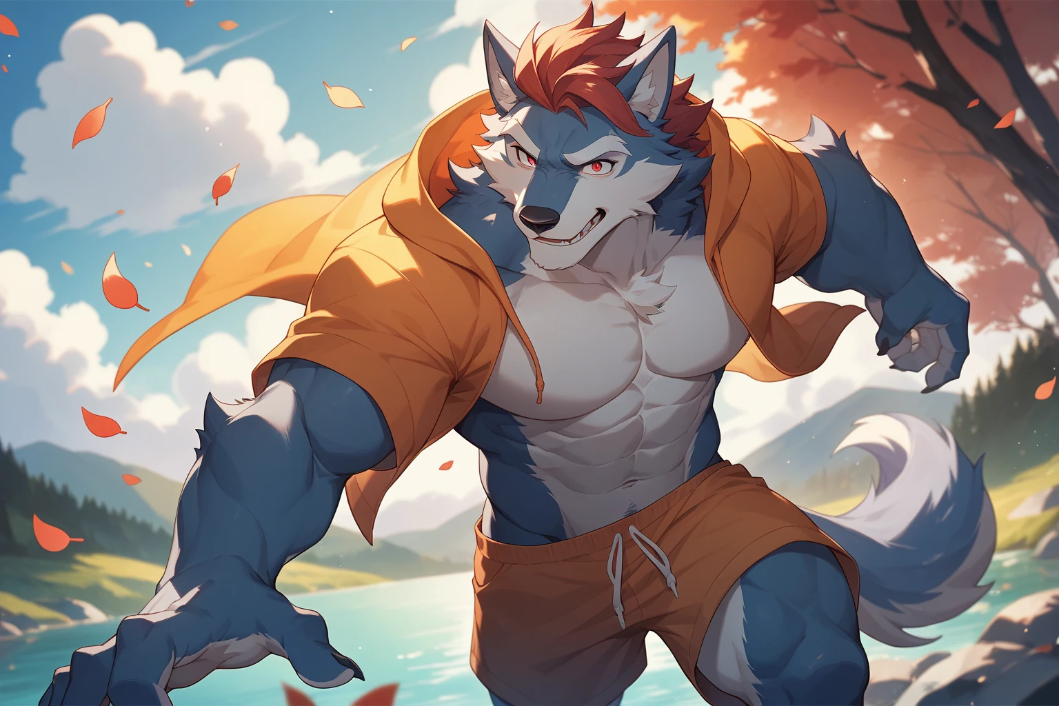 ((Best quality, masterpiece, detailed , detailed eyes, detailed hands, perfect lighting, perfect shading.)), by Buta99, by SpiritD, 1male, Wolf, brown furs, tight body, dark brown eyes, skinny body, young body, wet black hoodie crop top, black jogger, black boots, smile, show sharp teeth, tired eyes, inside the lake, swimming, on the lake