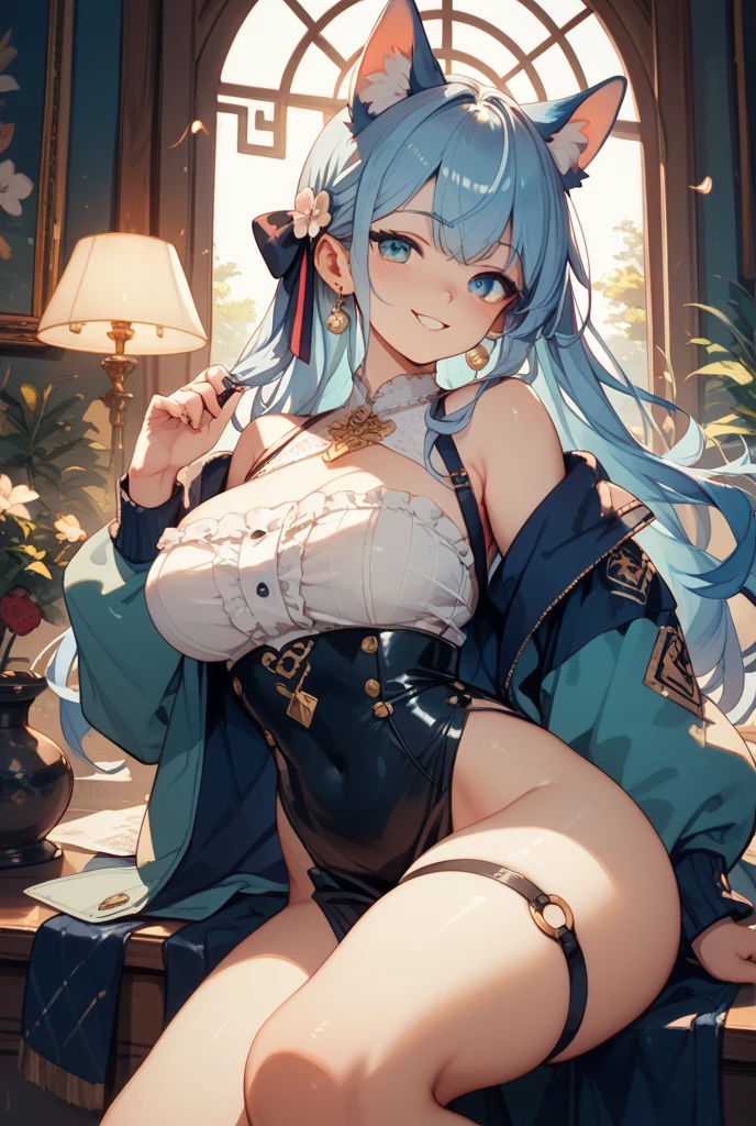 Erotic manga、Anime painting、highest quality、smile、Taneshima Popura、A voluptuous, lewd gal flirting in the clubhouse、Sex Appeal、Perfect proportions、Very large breasts、Fatty legs、Clear eyes、Showing off pussy、Sweaty、Cowboy Shot